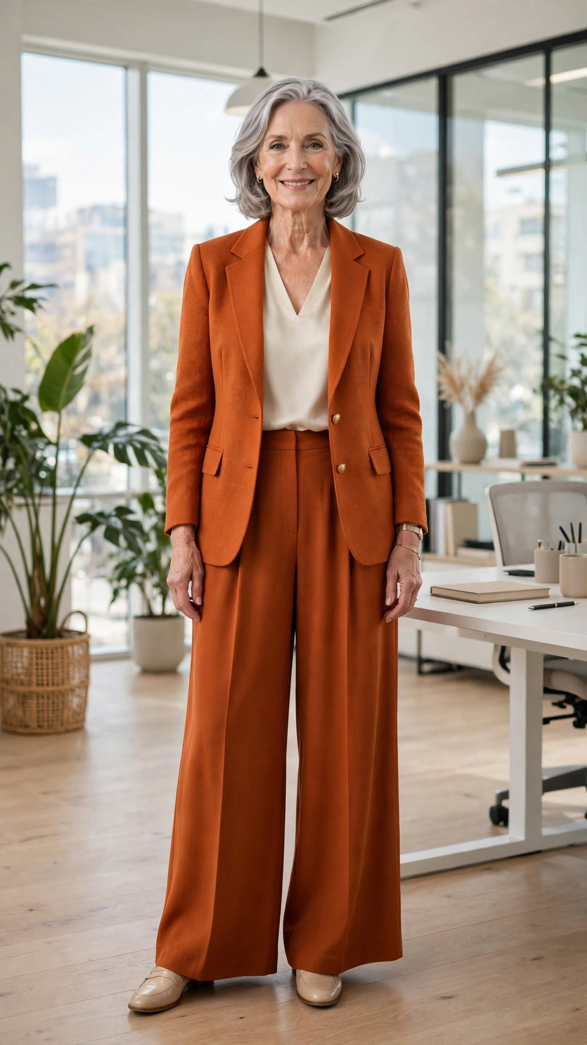 20 Women Over 60 Orange Blazer Outfits for April Office Days That Are Fresh, Chic and Easy to Wear 6 Burnt orange blazer and palazzo trousers with a cream silk top