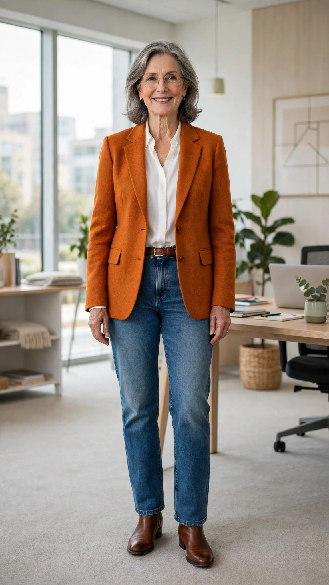 20 Women Over 60 Orange Blazer Outfits for April Office Days That Are Fresh, Chic and Easy to Wear 7 Amber orange blazer and jeans with a white blouse