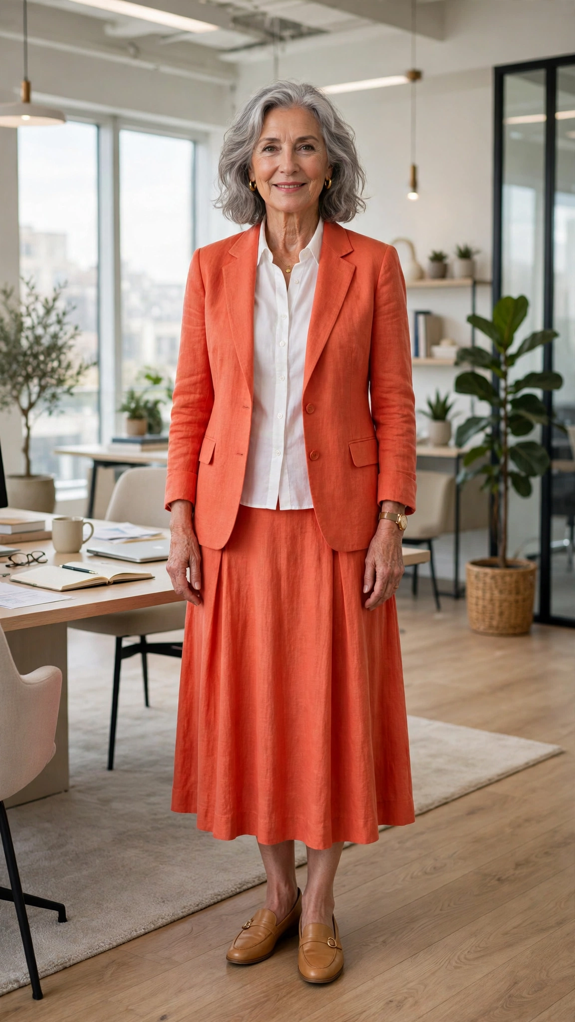 20 Women Over 60 Orange Blazer Outfits for April Office Days That Are Fresh, Chic and Easy to Wear 8 Coral orange blazer and midi skirt with tan loafers