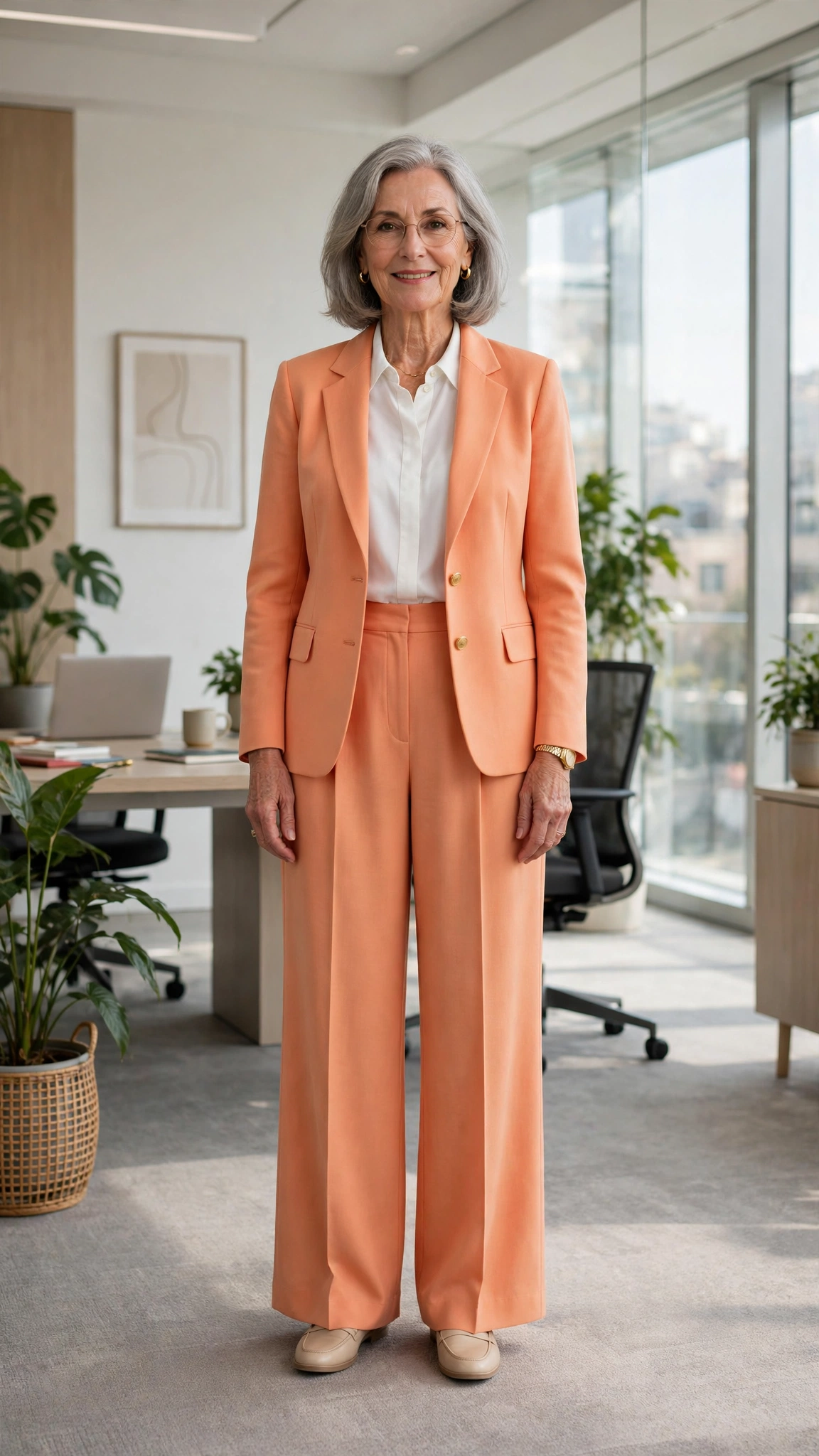 20 Women Over 60 Orange Blazer Outfits for April Office Days That Are Fresh, Chic and Easy to Wear 11 Peach orange blazer and wide-leg trousers with a white blouse