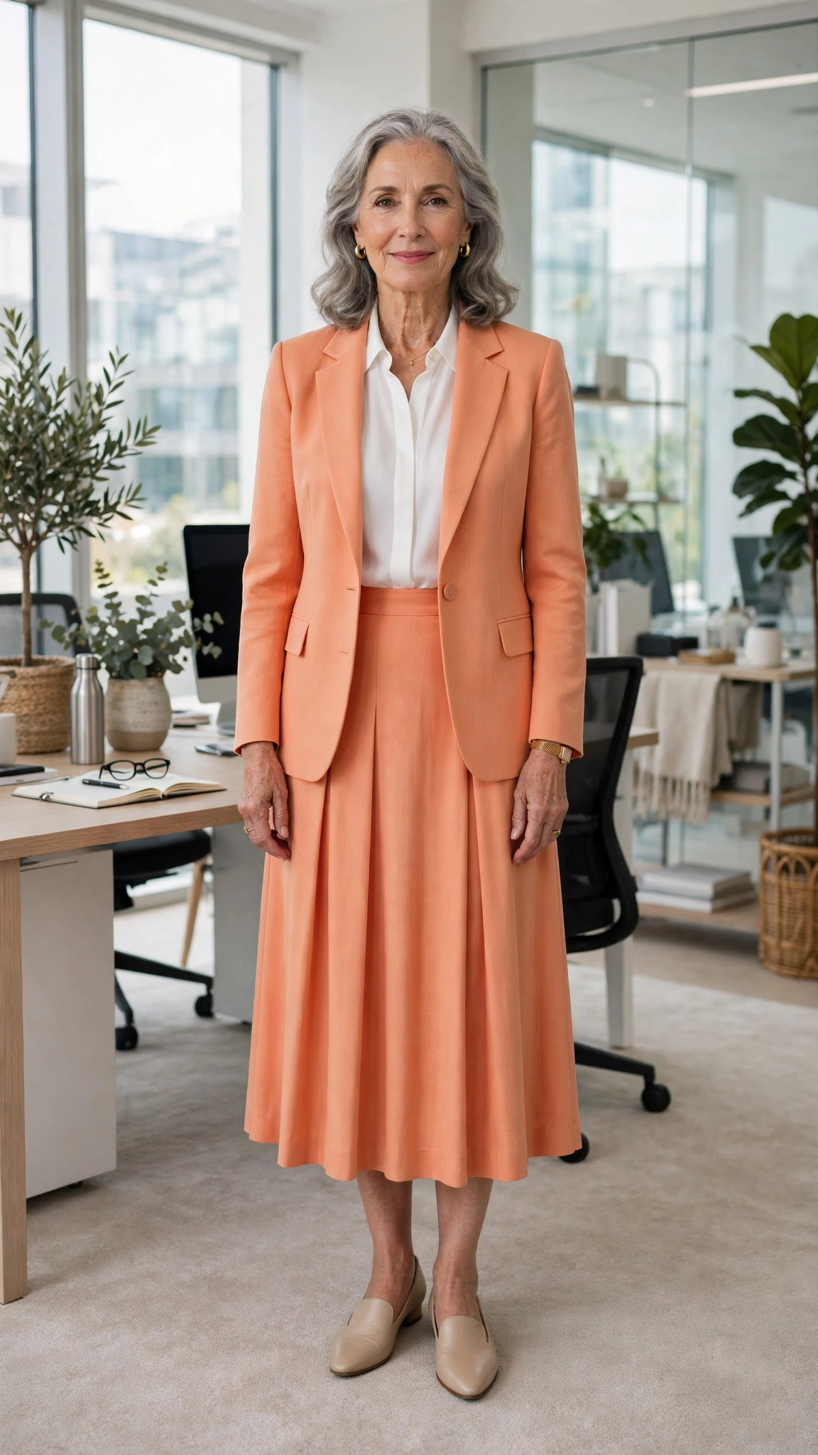 20 Women Over 60 Orange Blazer Outfits for April Office Days That Are Fresh, Chic and Easy to Wear 15 Peach orange blazer and midi skirt with a white blouse