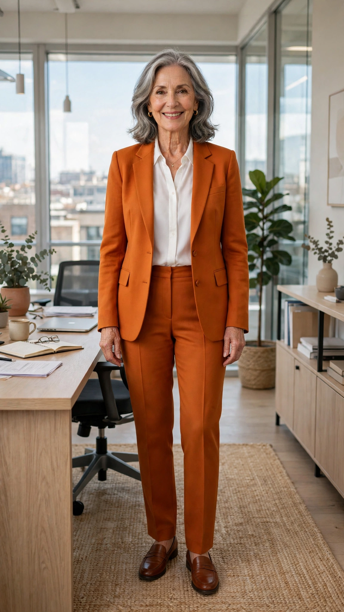 20 Women Over 60 Orange Blazer Outfits for April Office Days That Are Fresh, Chic and Easy to Wear 16 Amber orange blazer and straight trousers with a white blouse