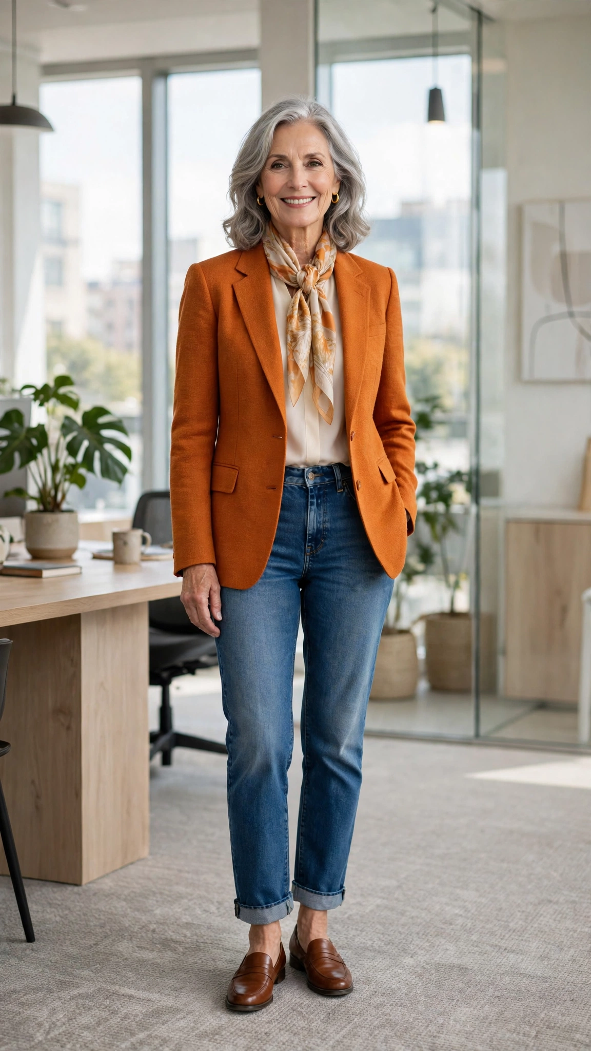 20 Women Over 60 Orange Blazer Outfits for April Office Days That Are Fresh, Chic and Easy to Wear 19 Amber orange blazer and jeans with a silk scarf