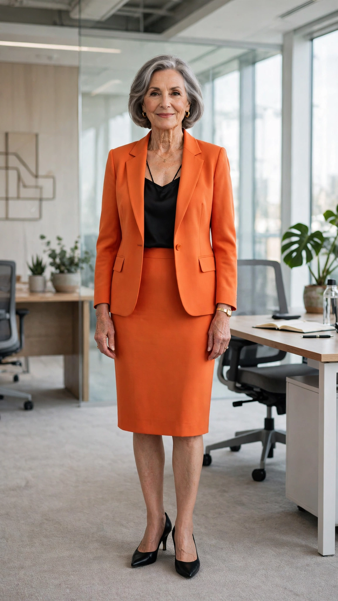 20 Women Over 60 Orange Blazer Outfits for April Office Days That Are Fresh, Chic and Easy to Wear 20 Tangerine blazer and pencil skirt with a black camisole