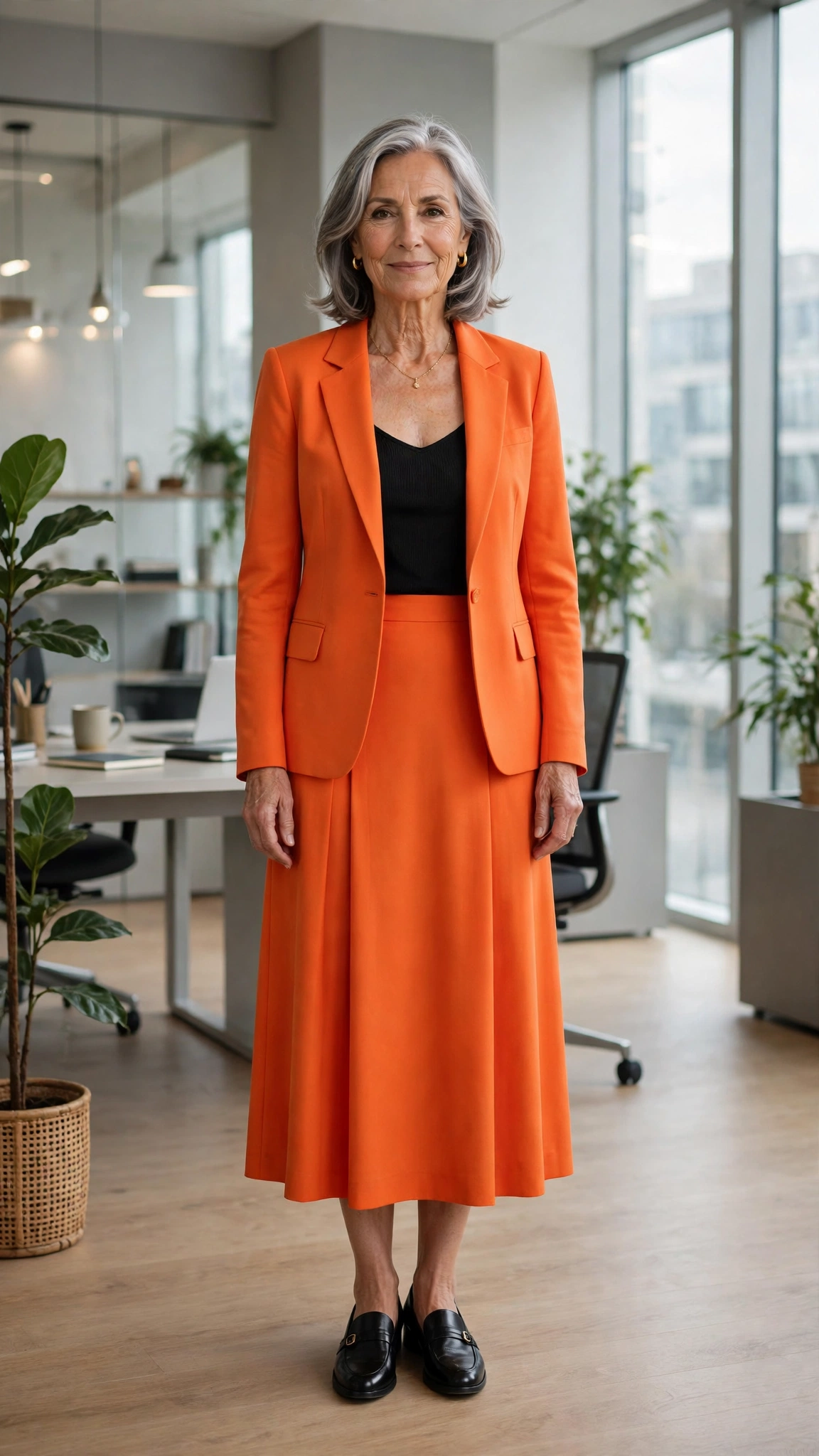 20 Women Over 60 Orange Blazer Outfits for April Office Days That Are Fresh, Chic and Easy to Wear 21 Bright orange blazer and midi skirt with a black camisole