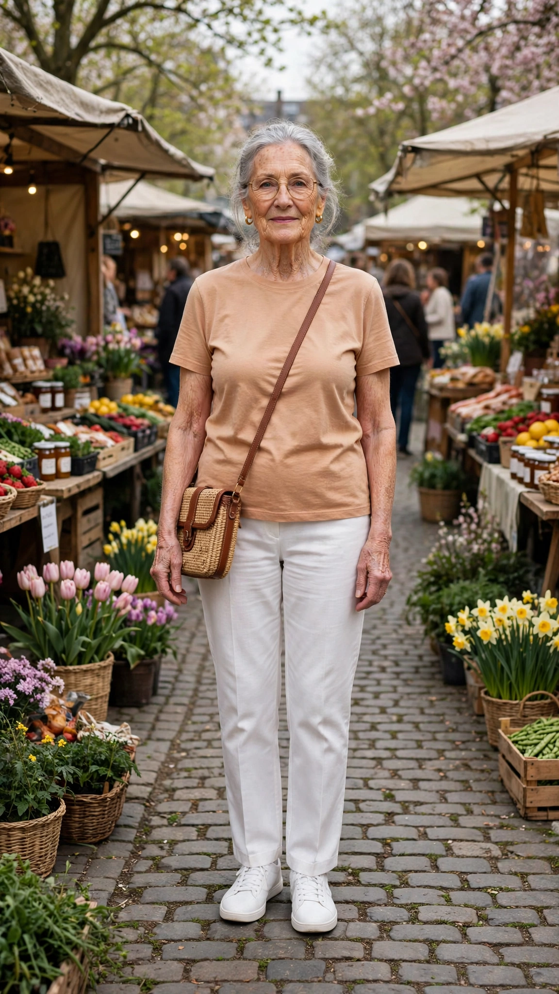 Apricot tee and white straight trousers with a woven crossbody bag