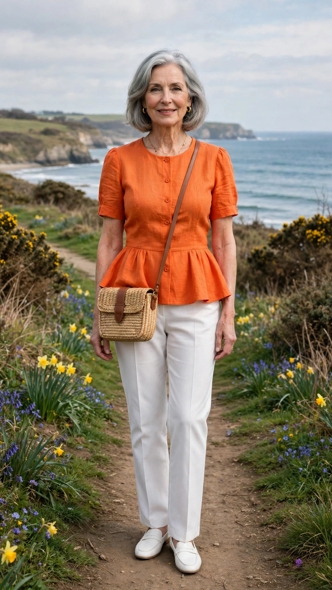Tangerine peplum top and white trousers with a woven crossbody bag