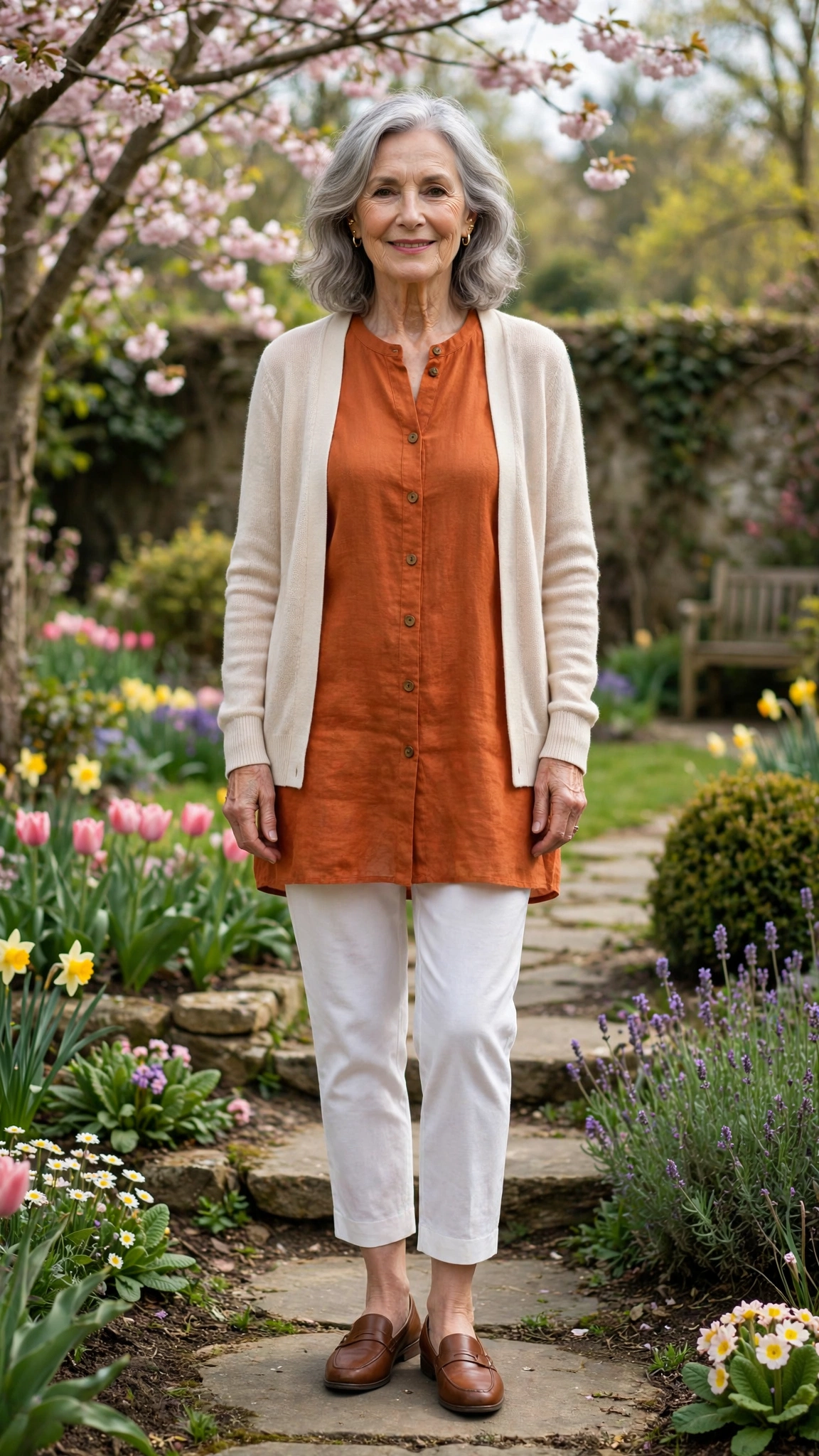 Burnt orange tunic and white cropped trousers with a light cardigan