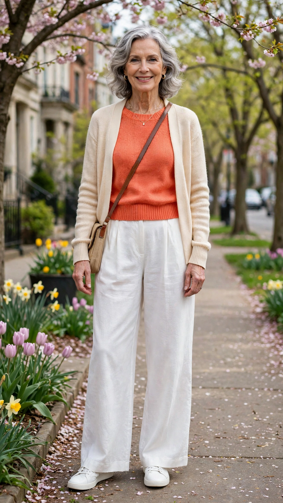 Coral orange knit top and white wide-leg trousers with a light cardigan