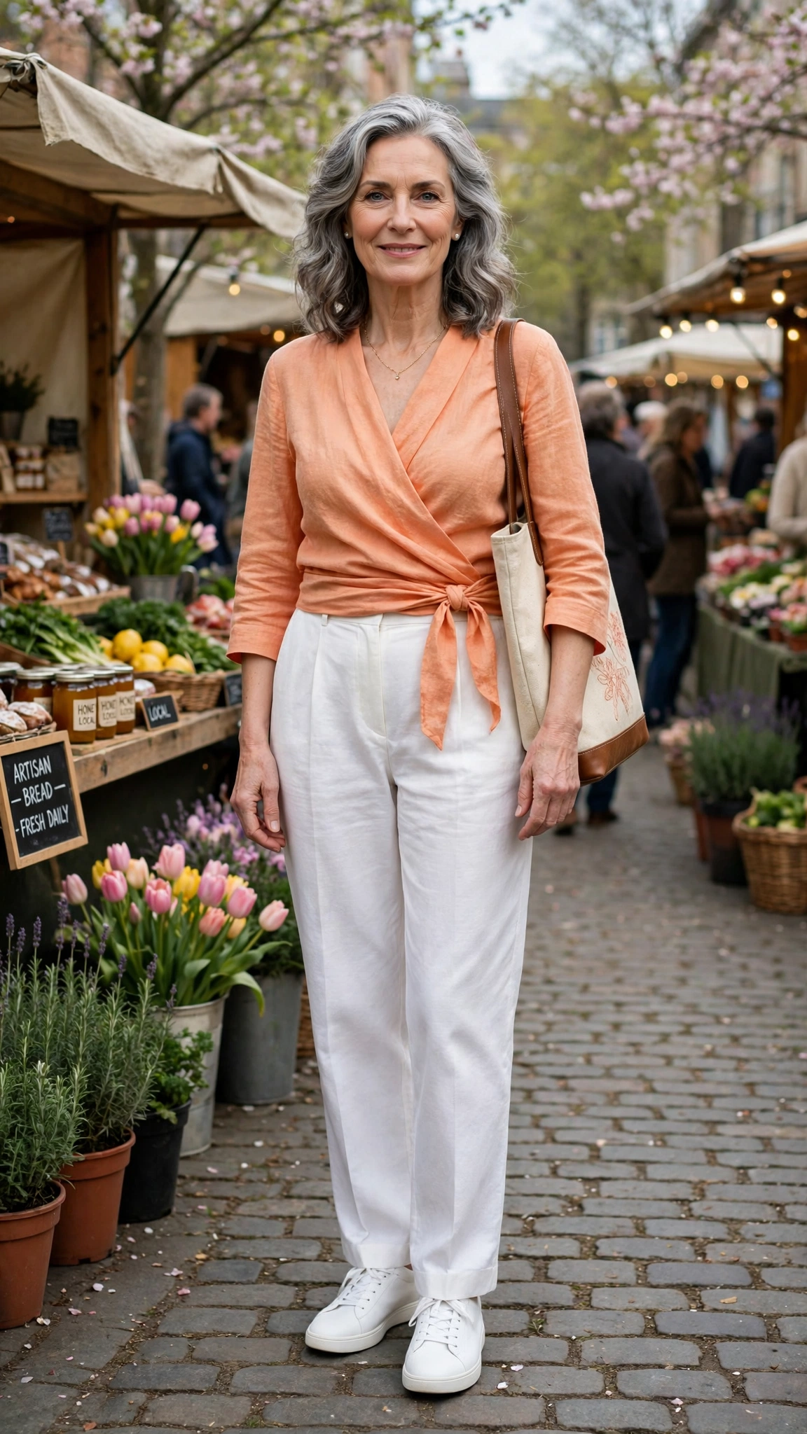 Peach orange wrap top and white trousers with white sneakers