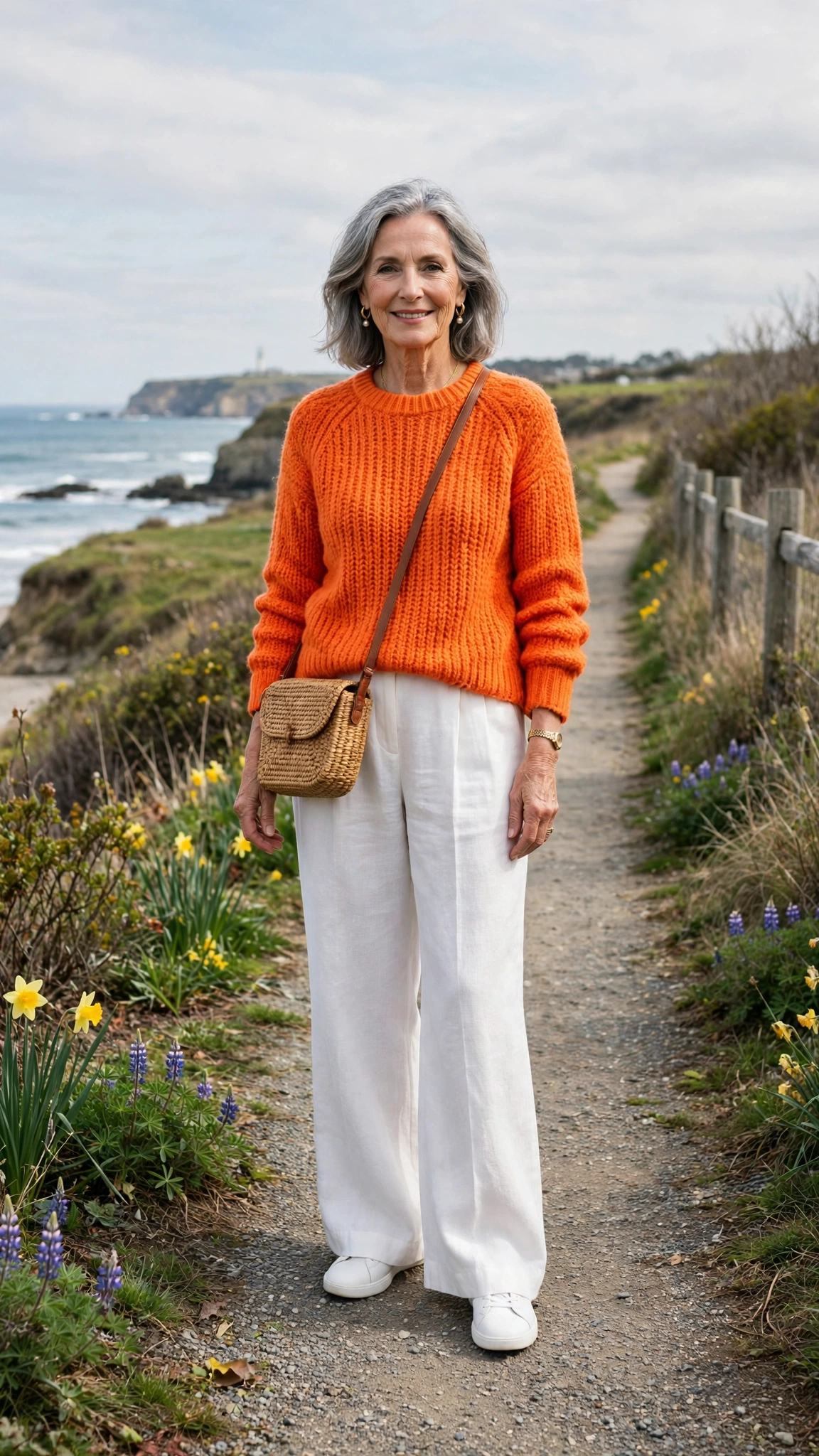 Bright orange knit top and white wide-leg trousers with a woven crossbody bag