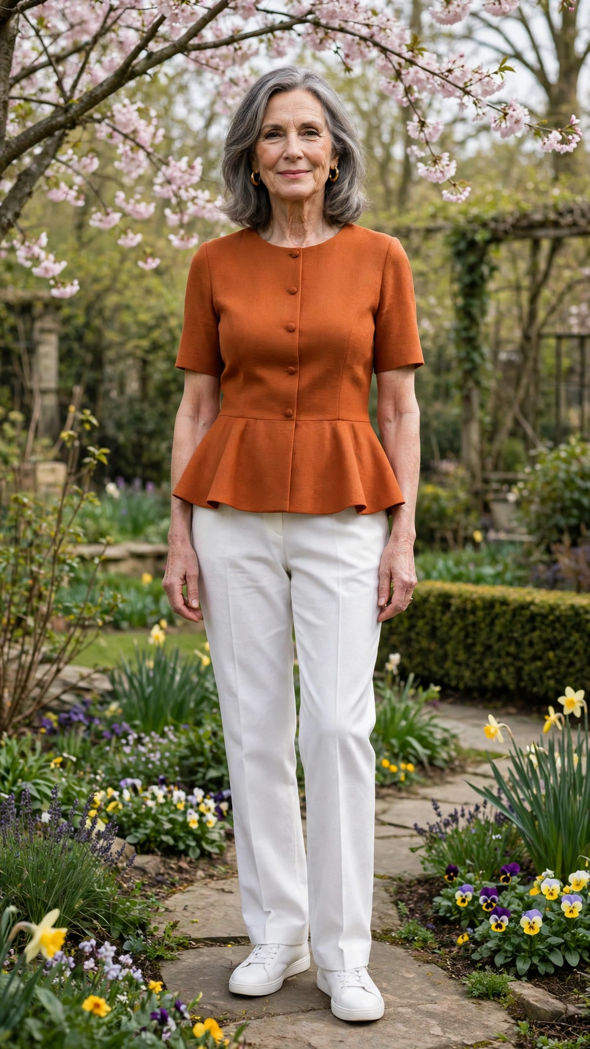 Burnt orange peplum top and white trousers with gold hoop earrings