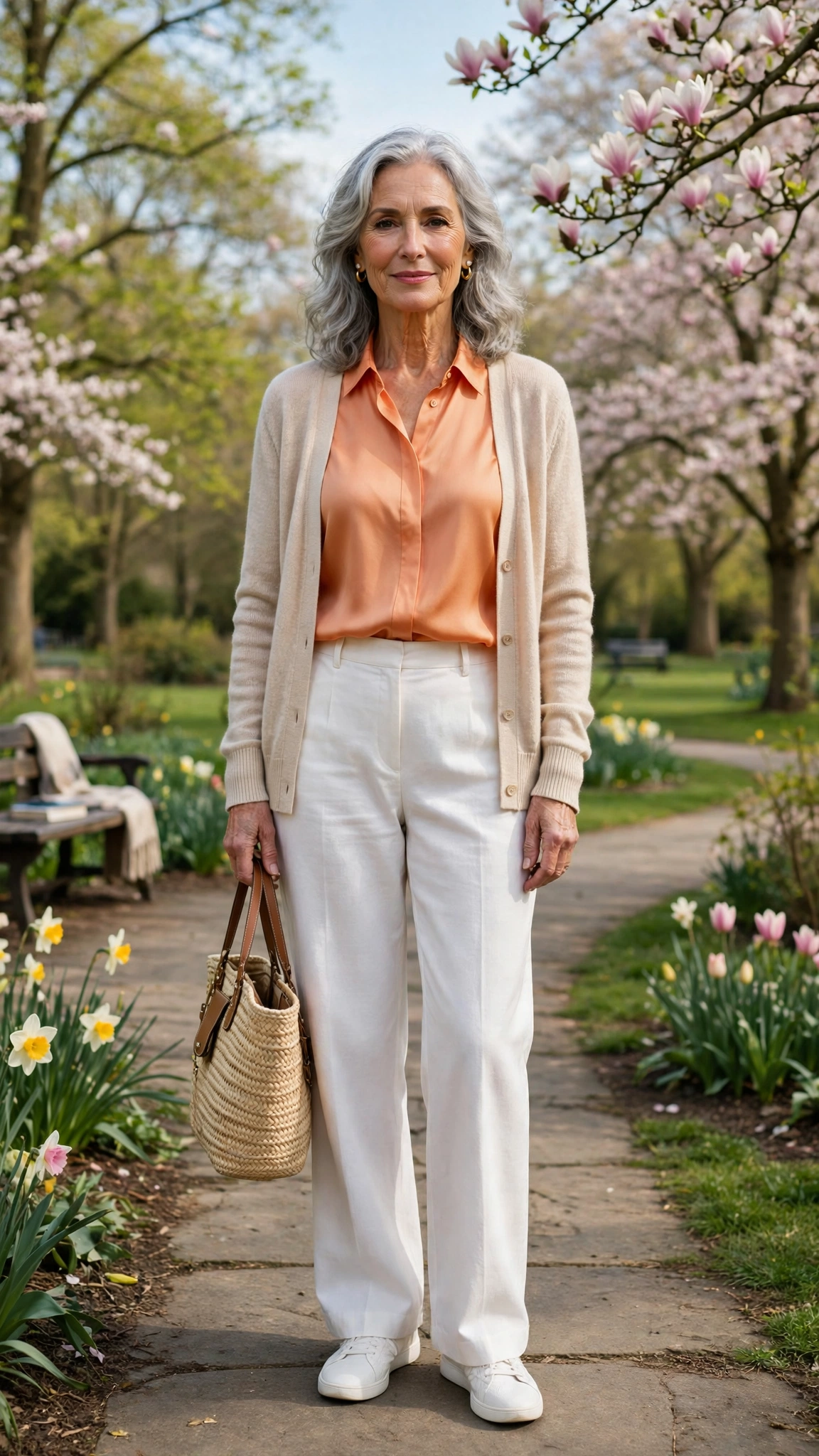Peach orange silk blouse and white trousers with a light cardigan