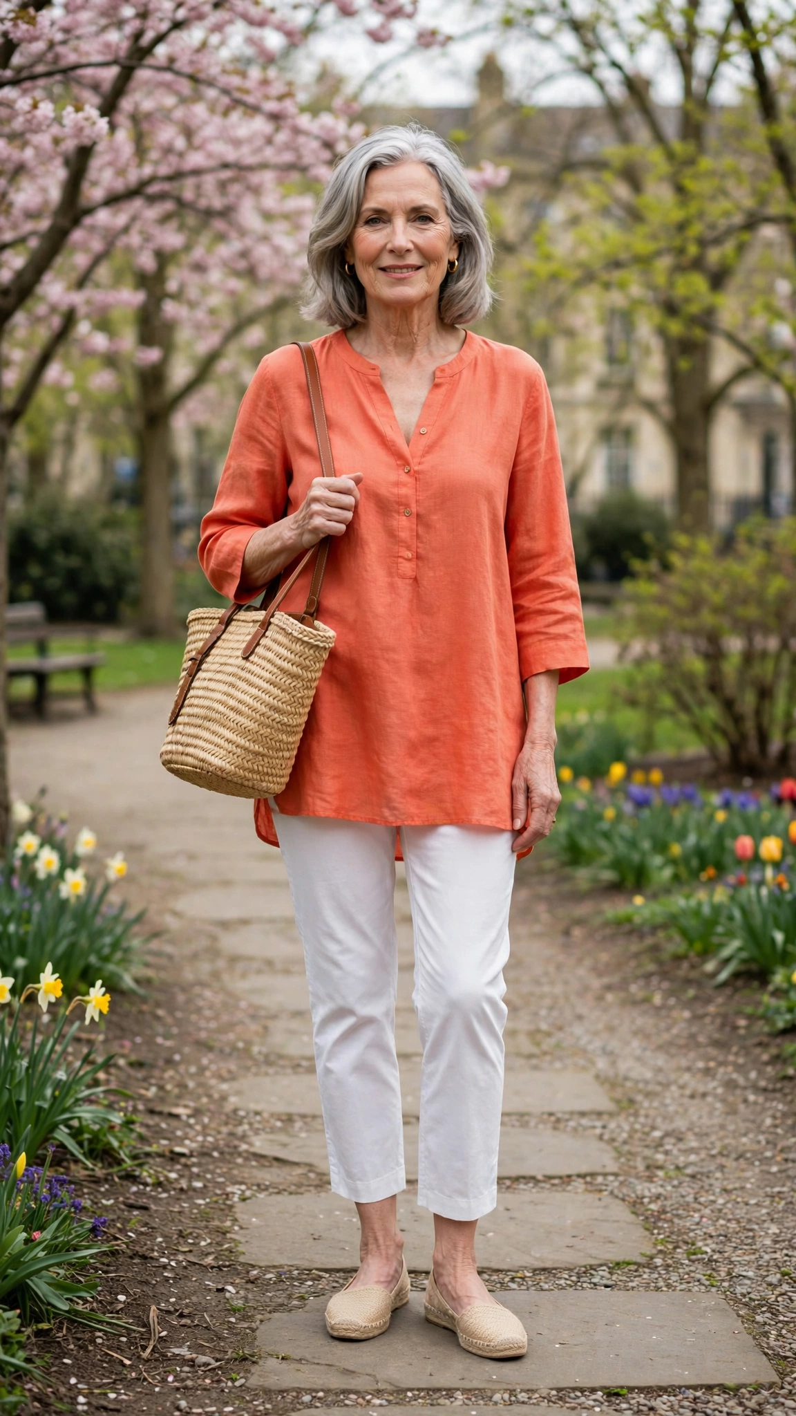 Coral orange tunic and white cropped trousers with a raffia bag