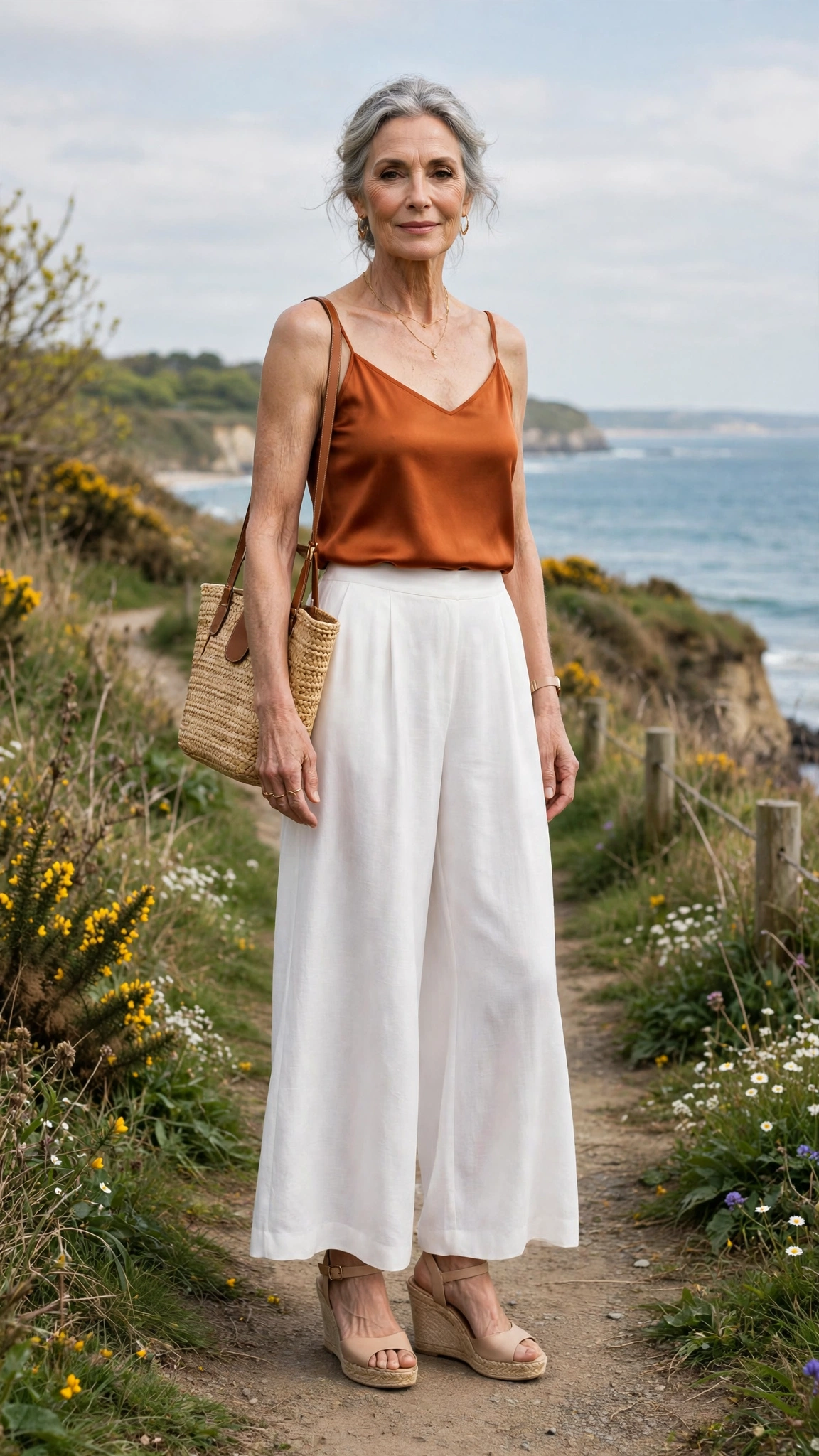 Burnt orange camisole and white palazzo trousers with nude wedges