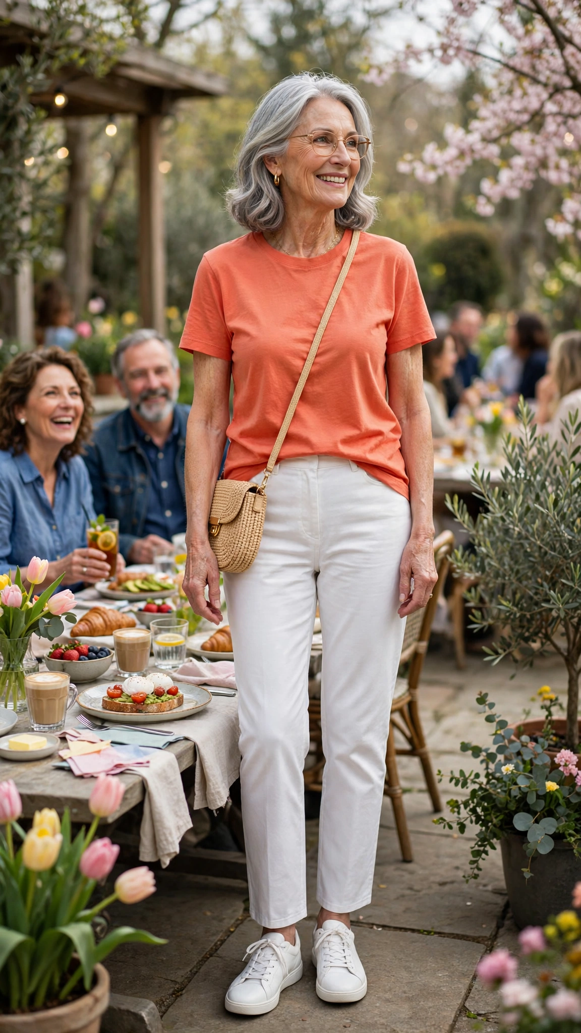 Coral orange tee and white straight trousers with white sneakers