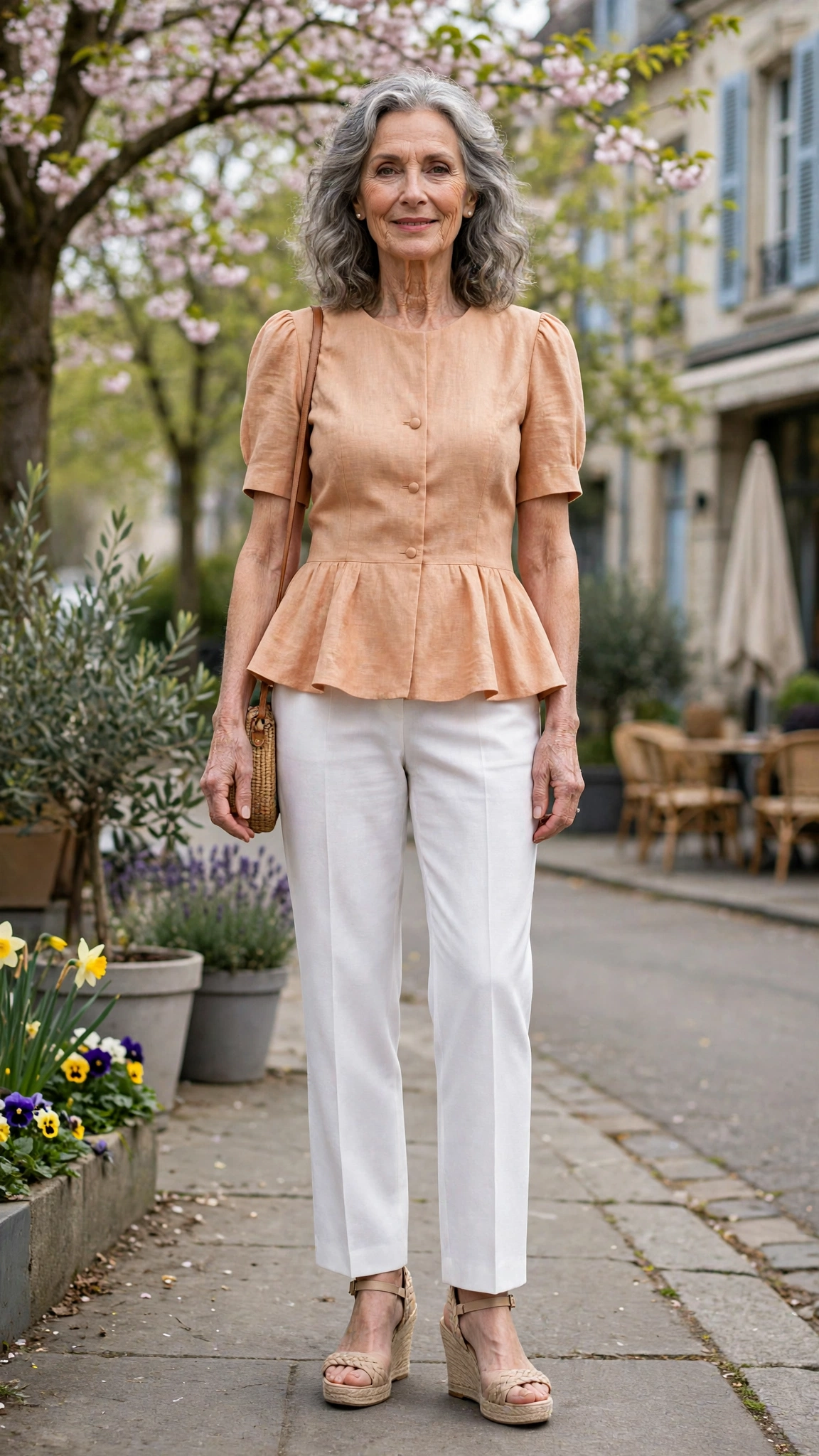 Apricot peplum top and white trousers with nude wedges