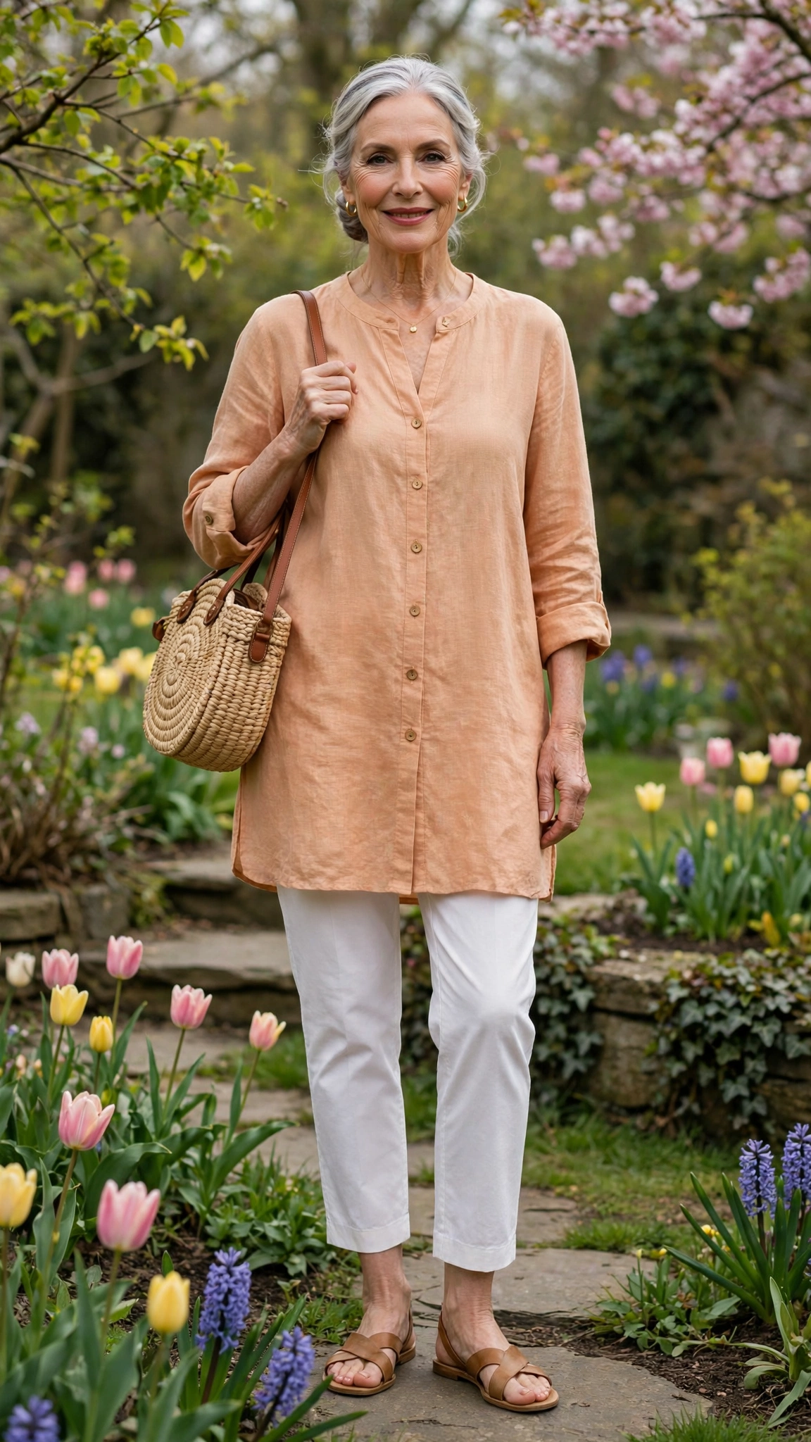 Apricot tunic and white cropped trousers with a raffia bag