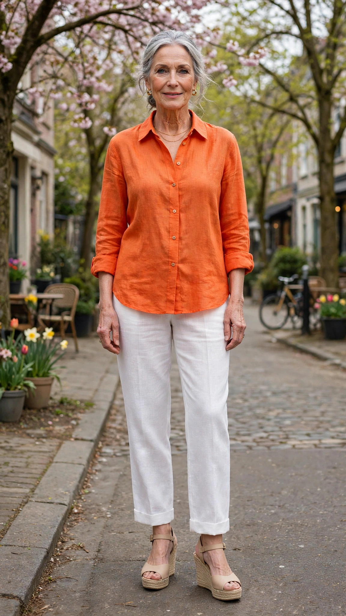 Bright orange linen shirt and white trousers with nude wedges