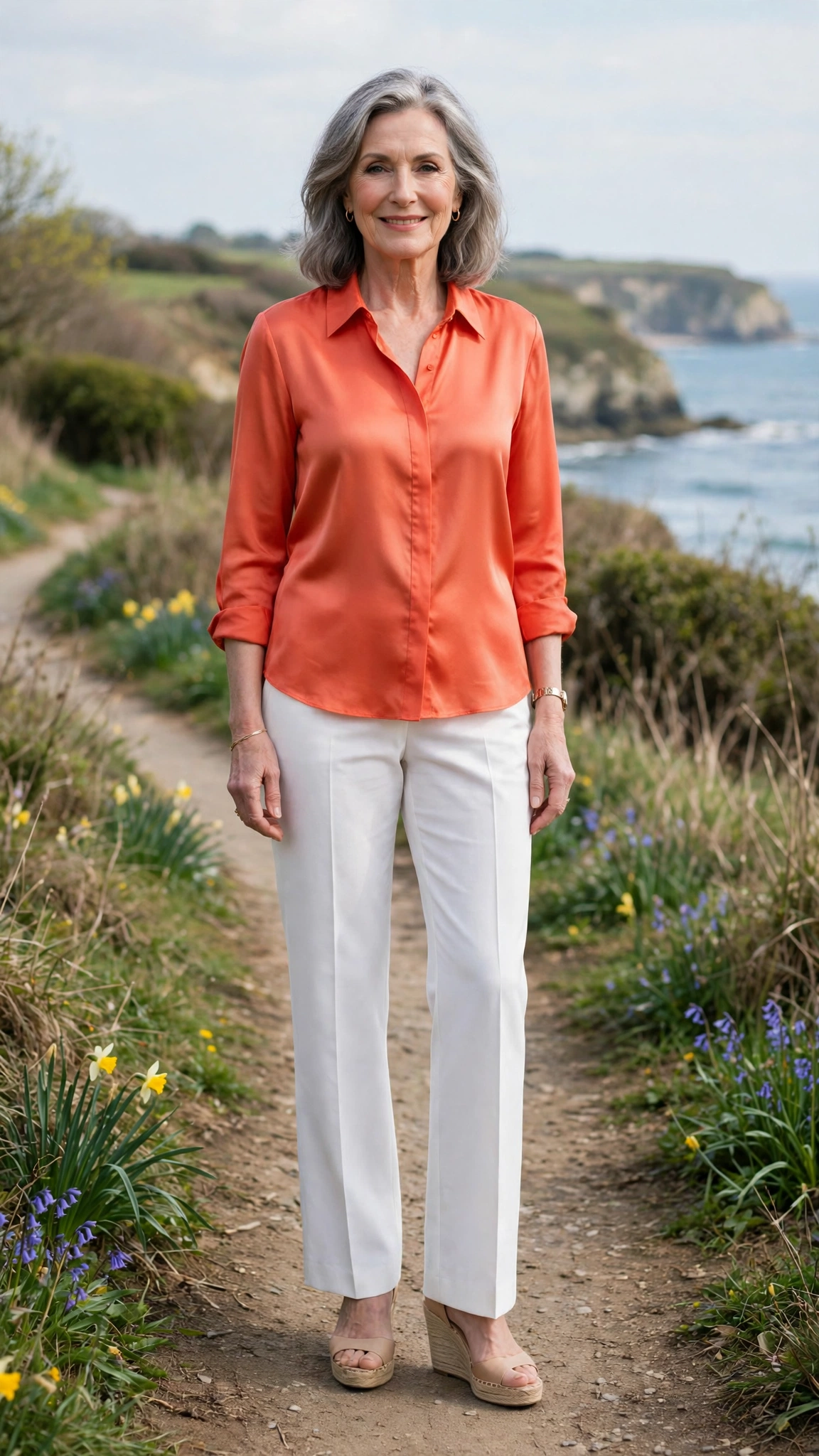 Coral orange silk blouse and white trousers with nude wedges
