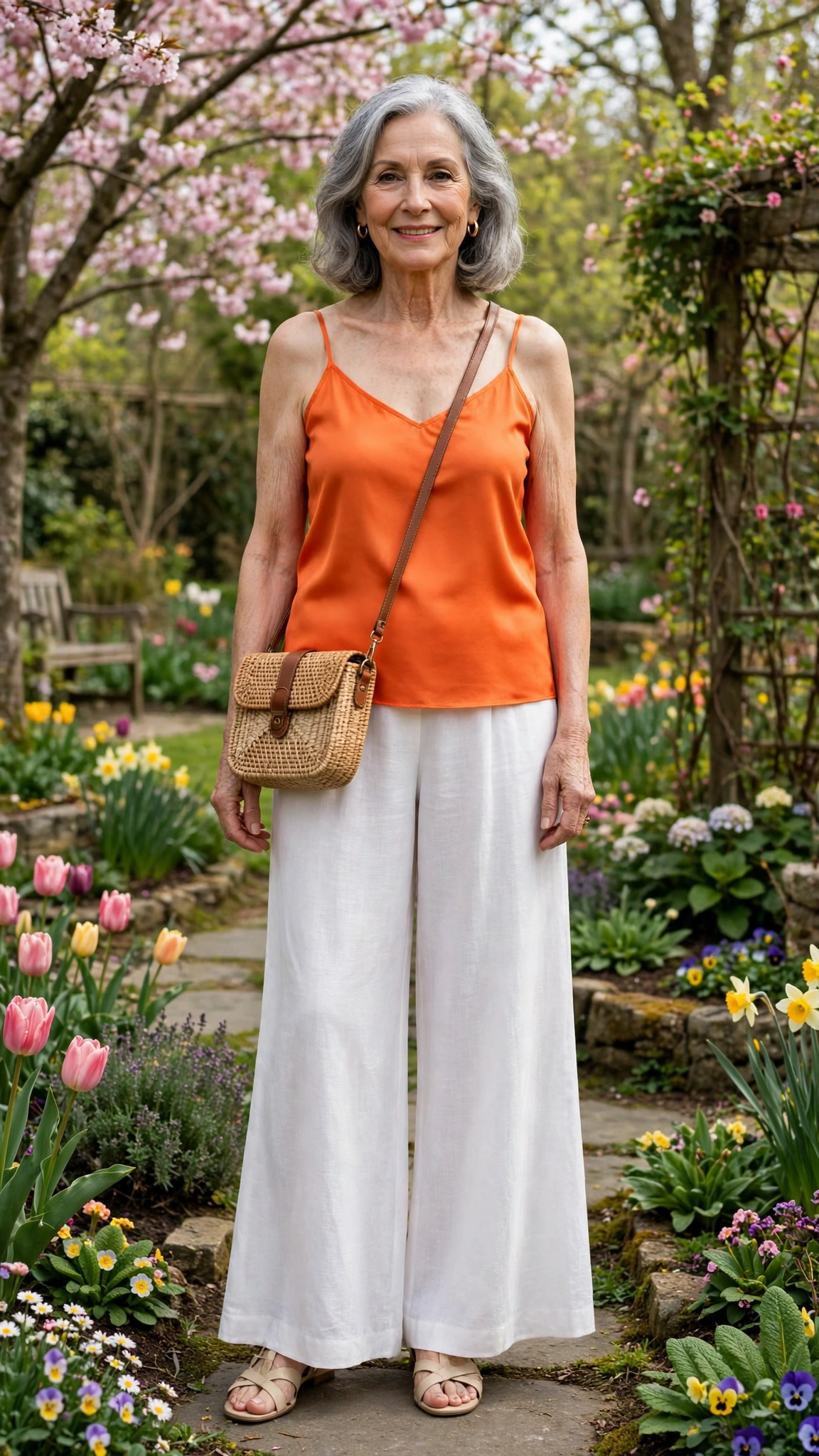 Bright orange camisole and white palazzo trousers with a woven crossbody bag