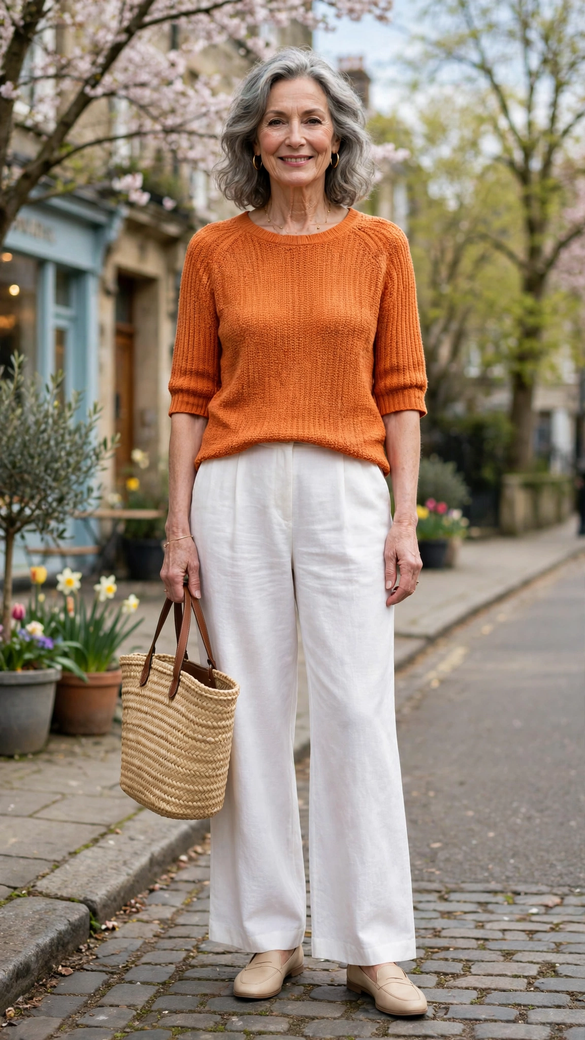 Tangerine knit top and white wide-leg trousers with a straw tote