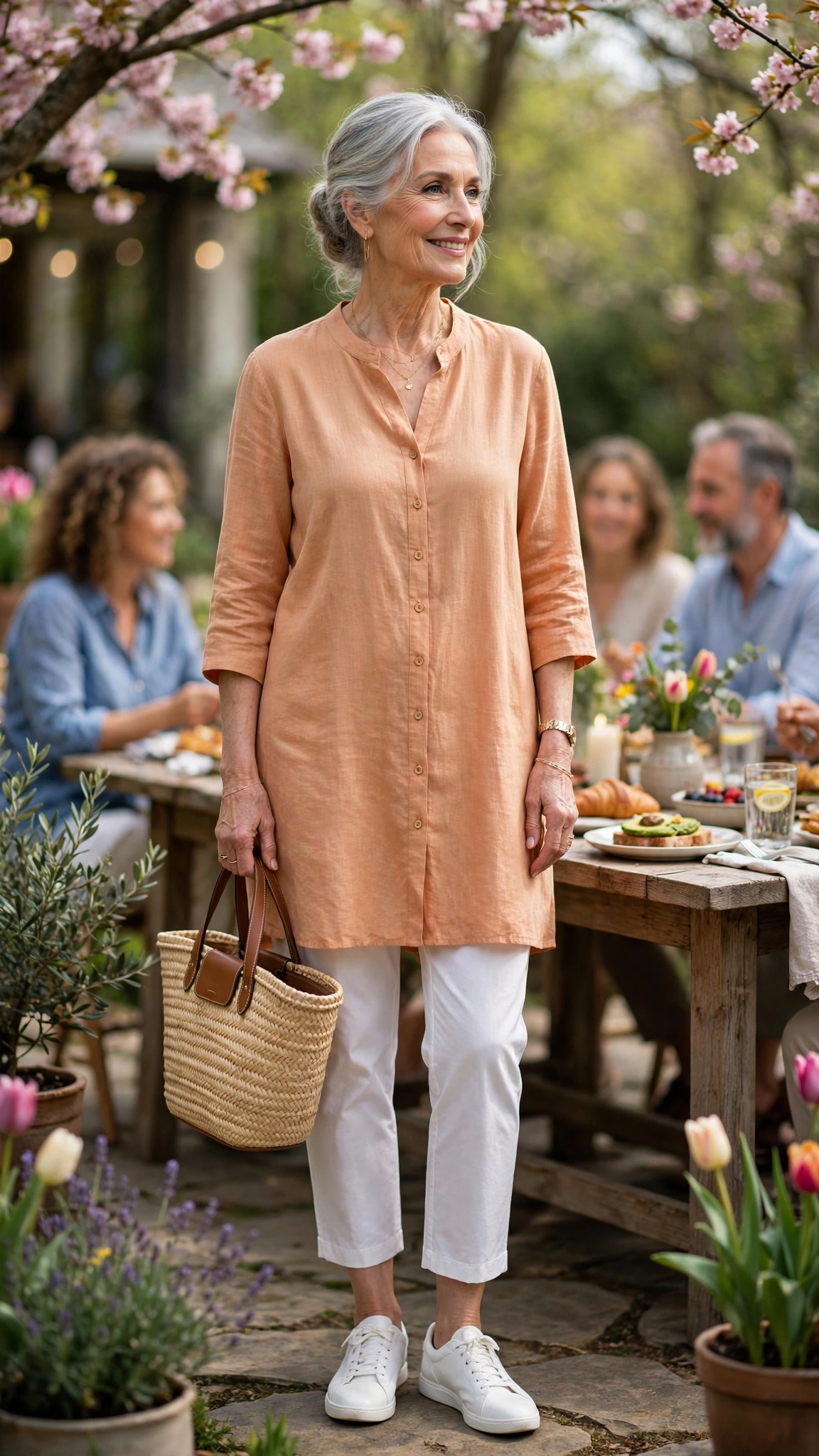 Apricot tunic and white cropped trousers with a straw tote