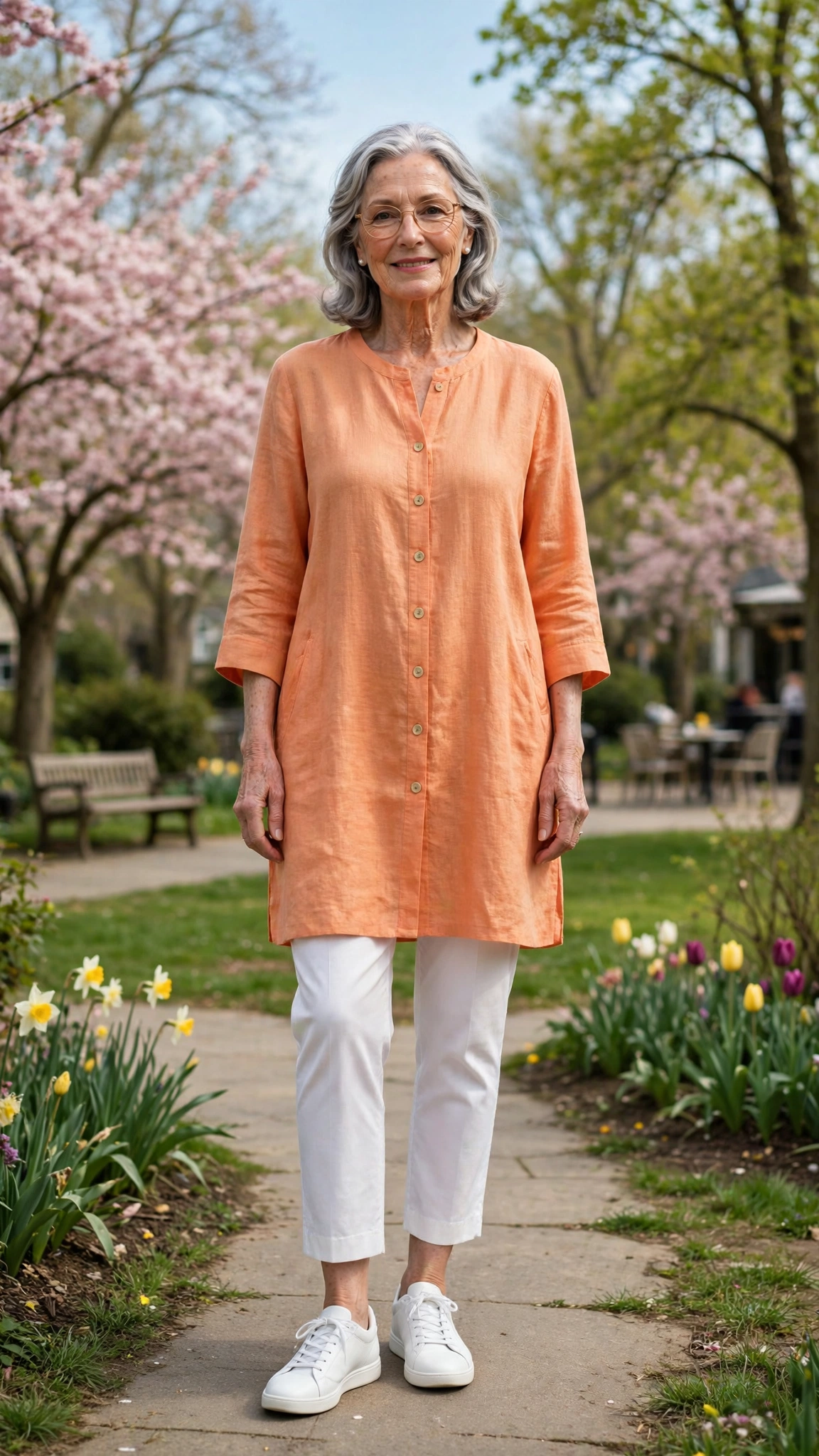 Peach orange tunic and white cropped trousers with white sneakers