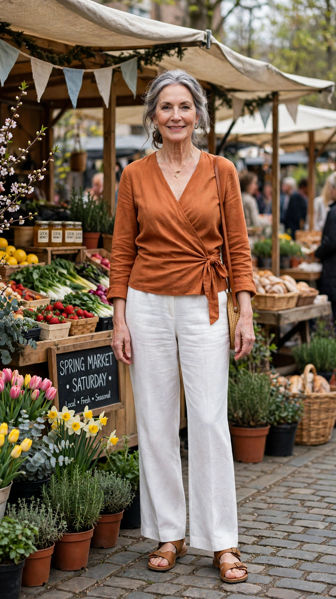 Burnt orange wrap top and white trousers with tan sandals