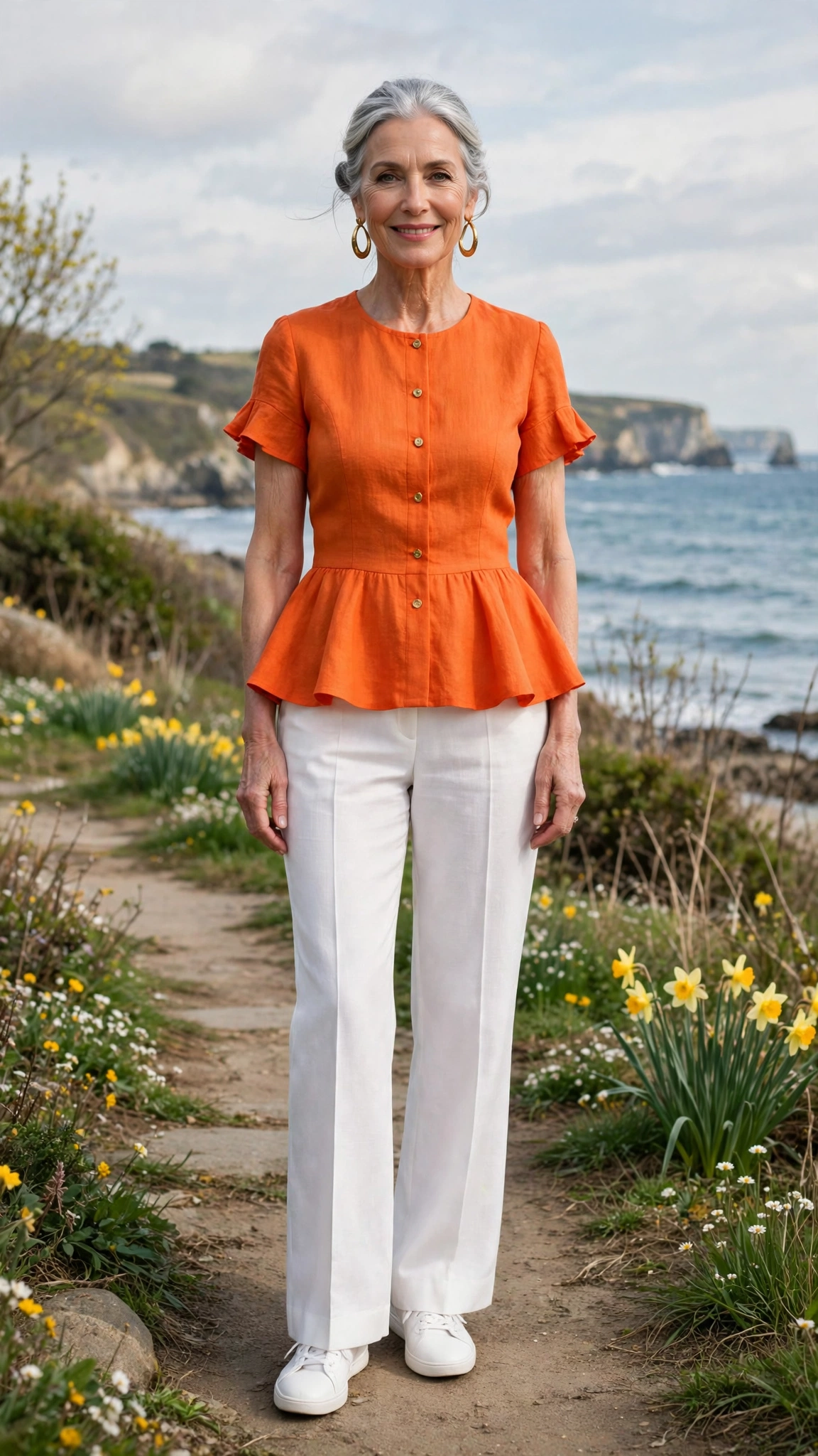 Bright orange peplum top and white trousers with gold hoop earrings