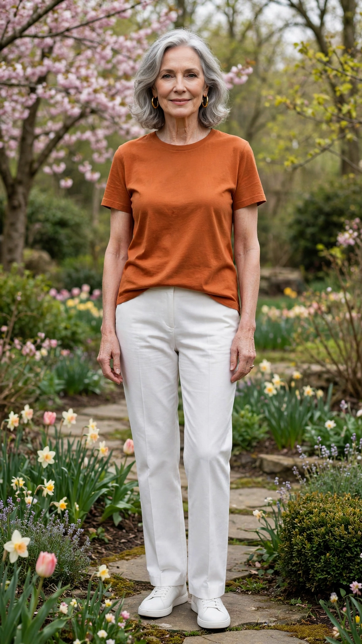 Burnt orange tee and white straight trousers with gold hoop earrings