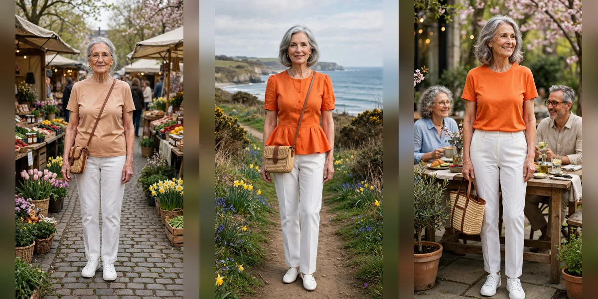 40 Women Over 60 Orange Top and White Trouser Outfits for Spring Weekends That Are Fresh, Chic and Easy to Wear