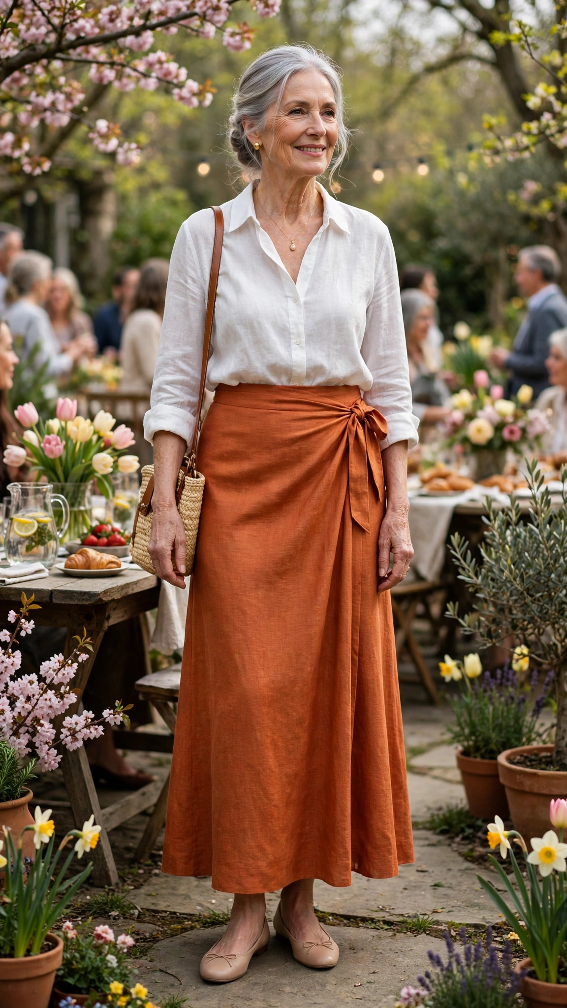 Copper orange wrap skirt with nude ballet flats