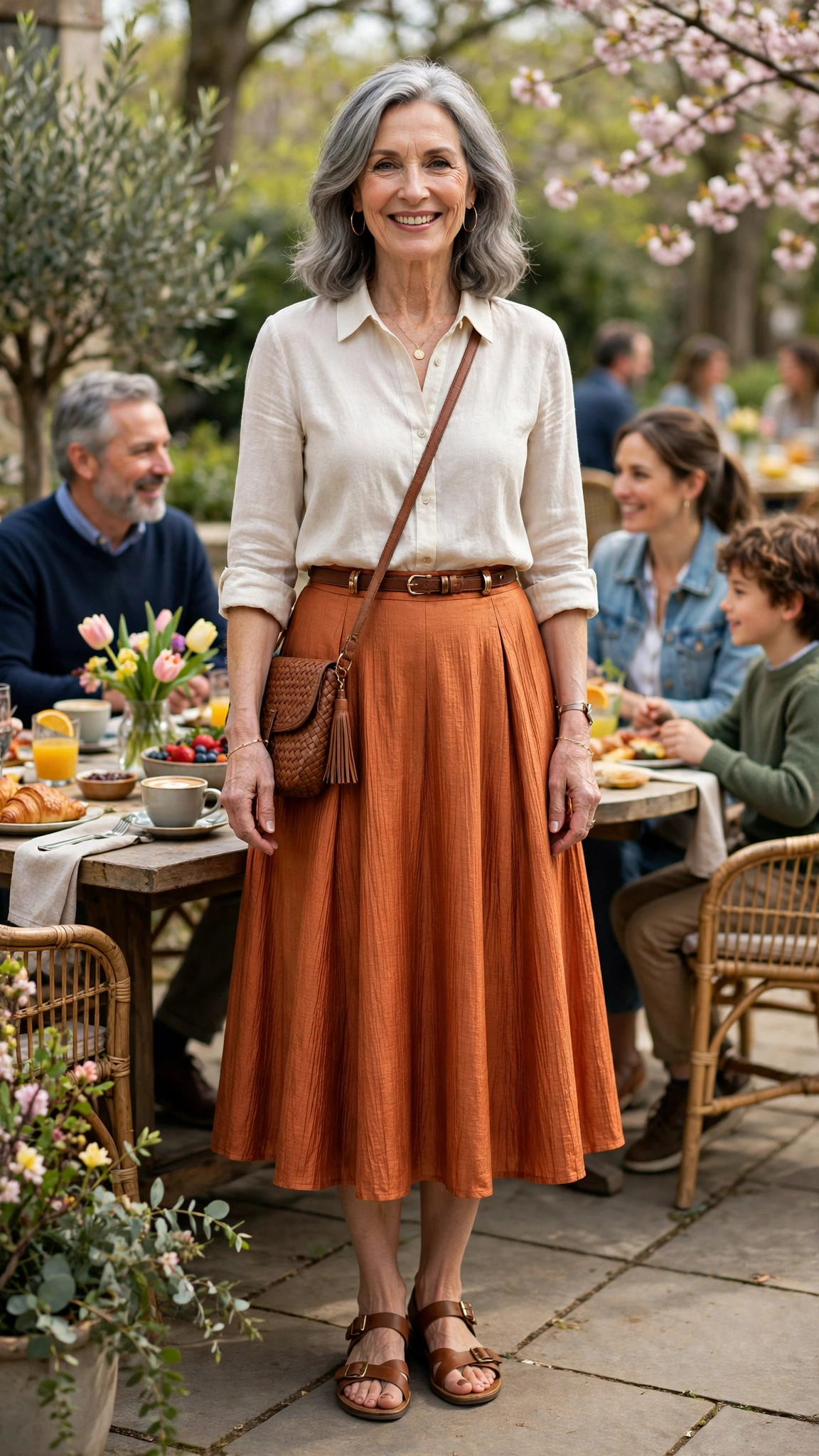 Copper orange A-line midi skirt with brown sandals