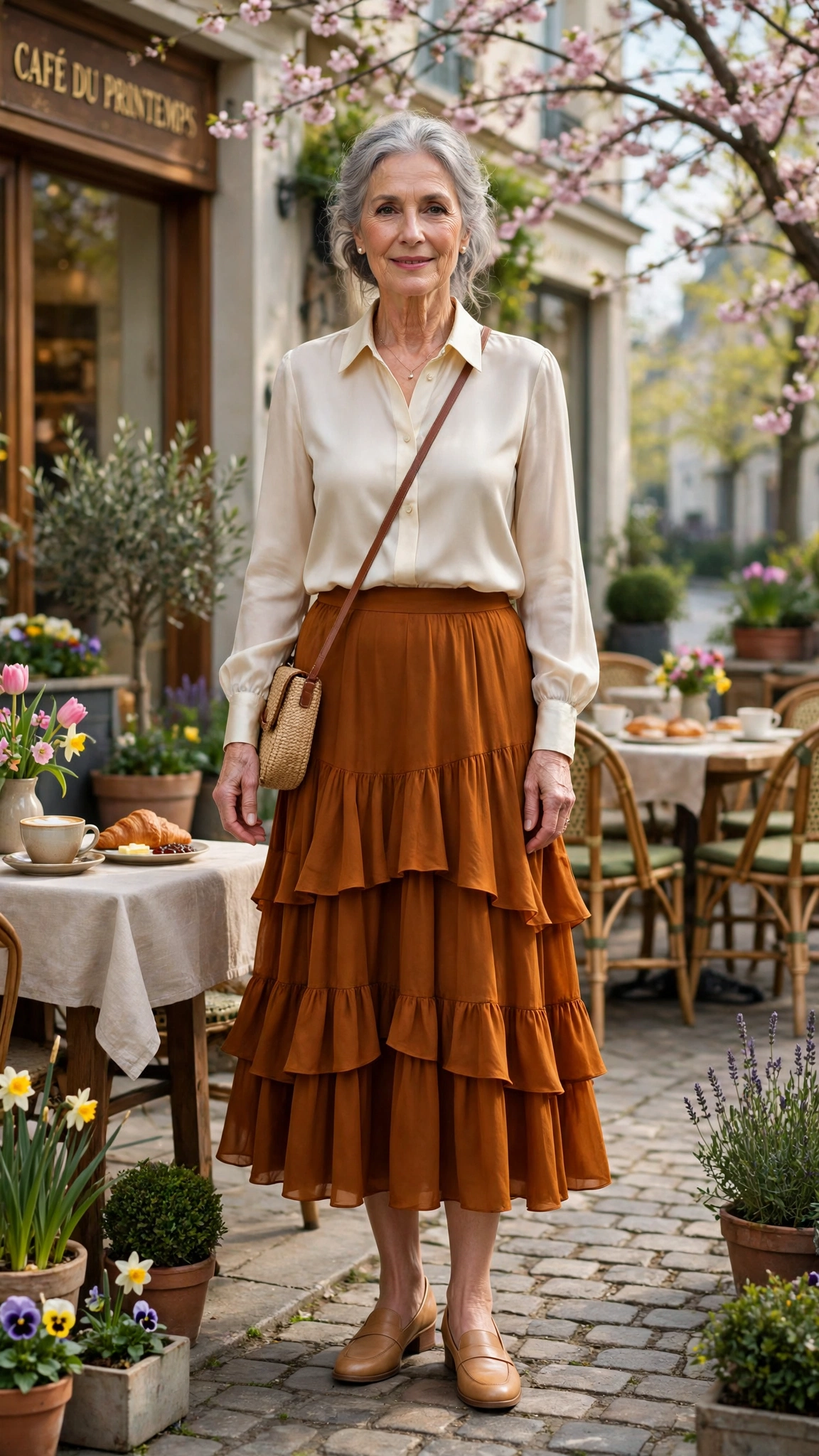 Deep amber tiered midi skirt with a cream silk blouse