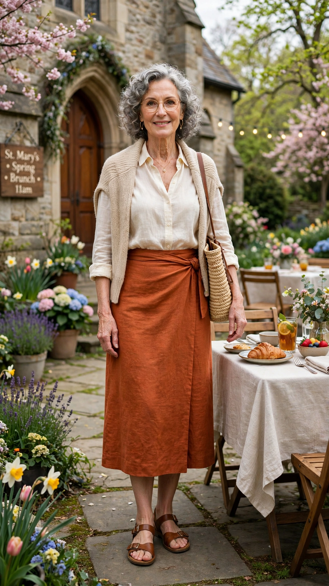 Rust orange wrap skirt with brown sandals