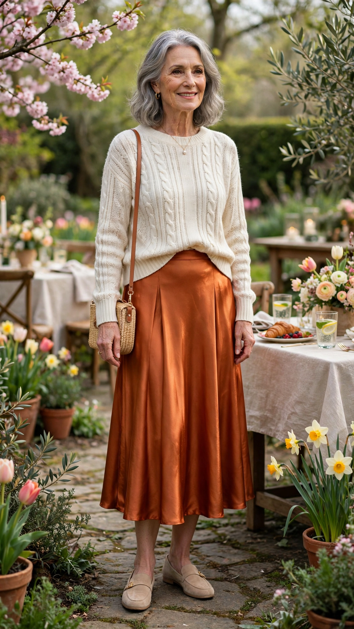 Copper orange satin midi skirt with a cream knit top