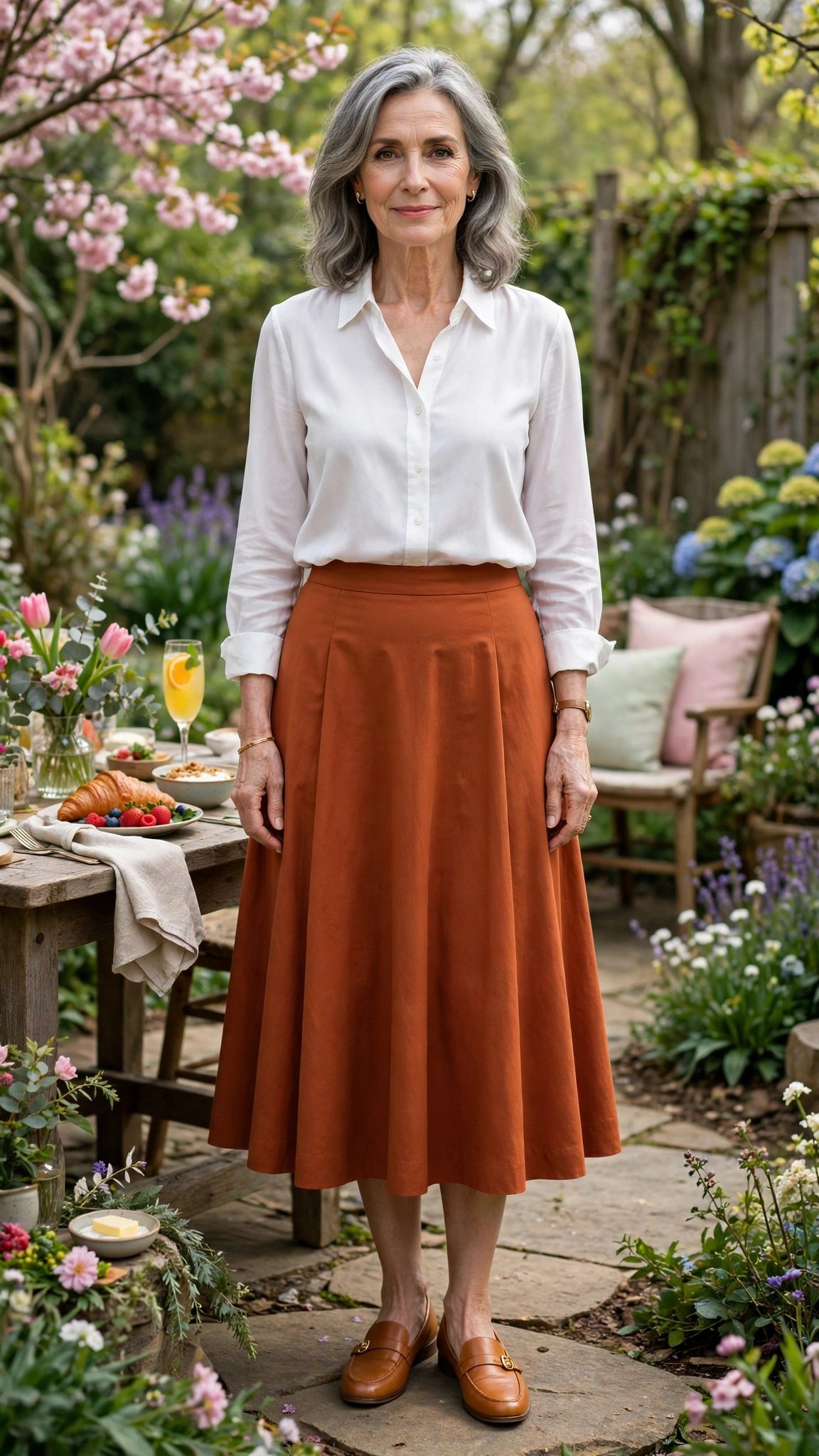 Rust orange A-line midi skirt with a white blouse