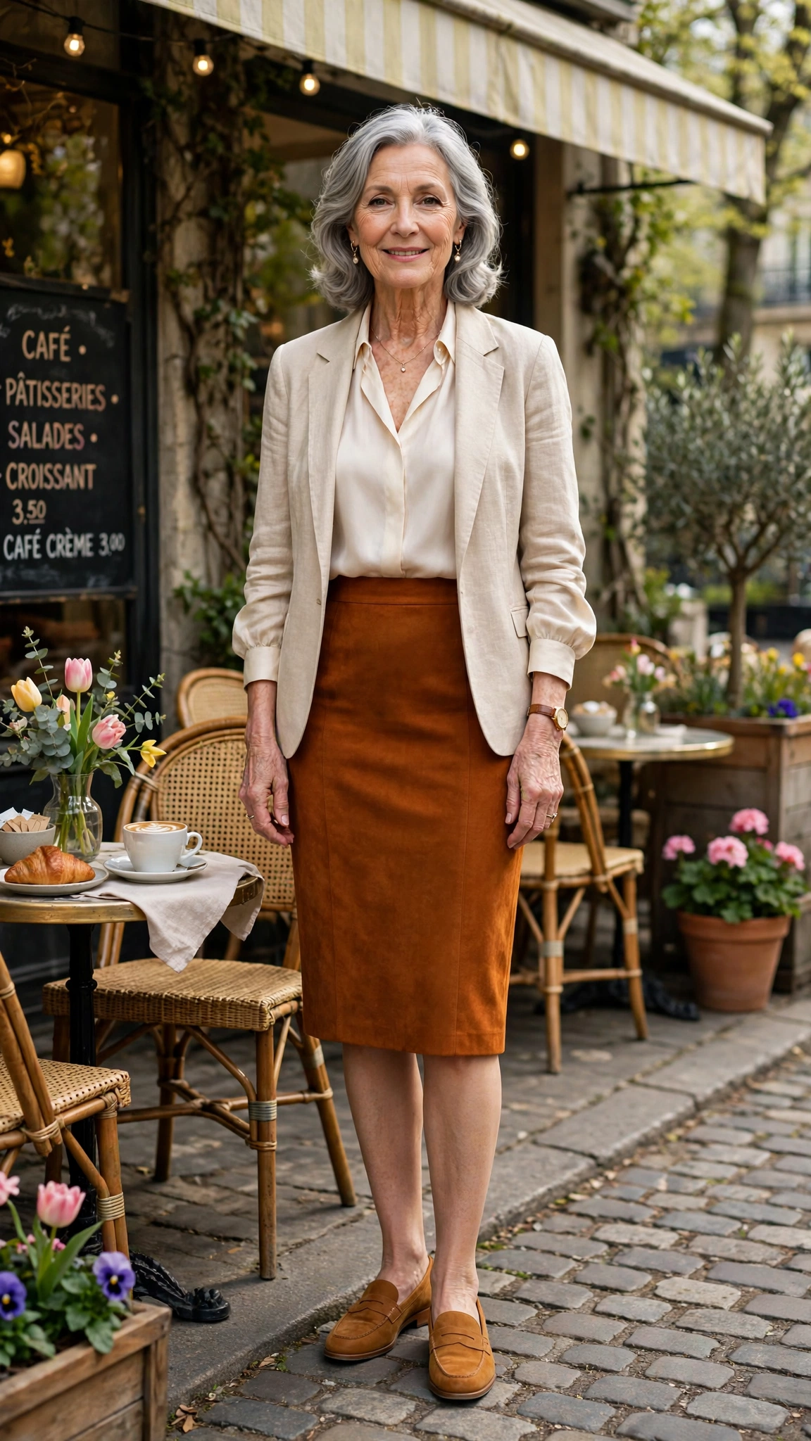 Deep amber pencil skirt with tan loafers
