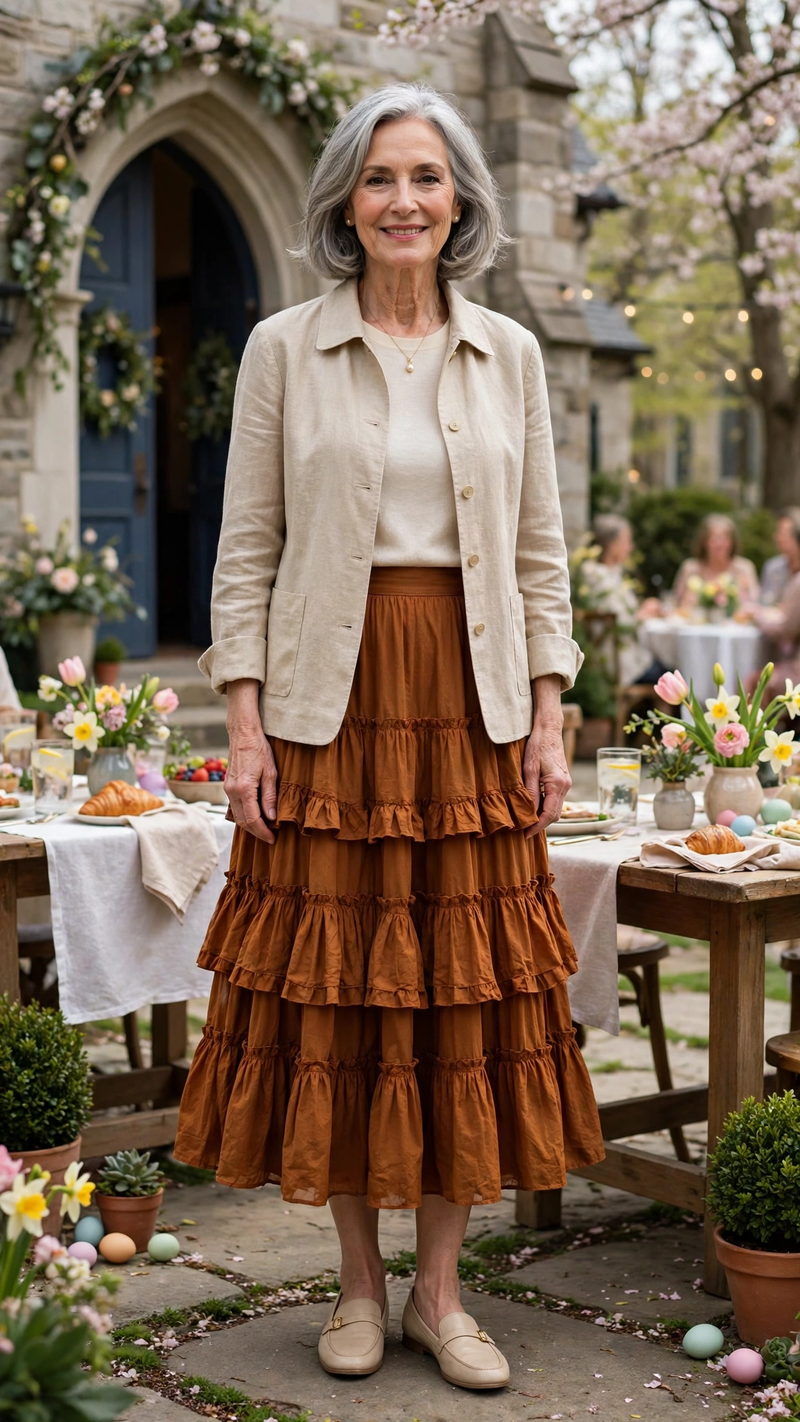 Deep amber tiered midi skirt with a light jacket