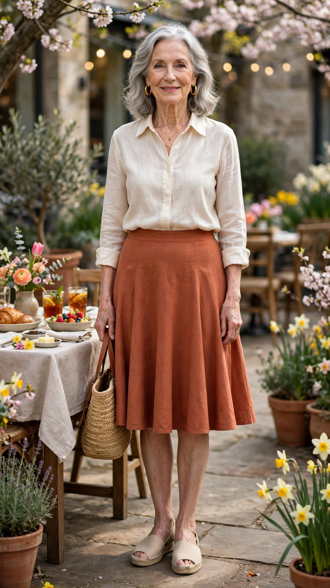 Terracotta flared knee-length skirt with gold earrings