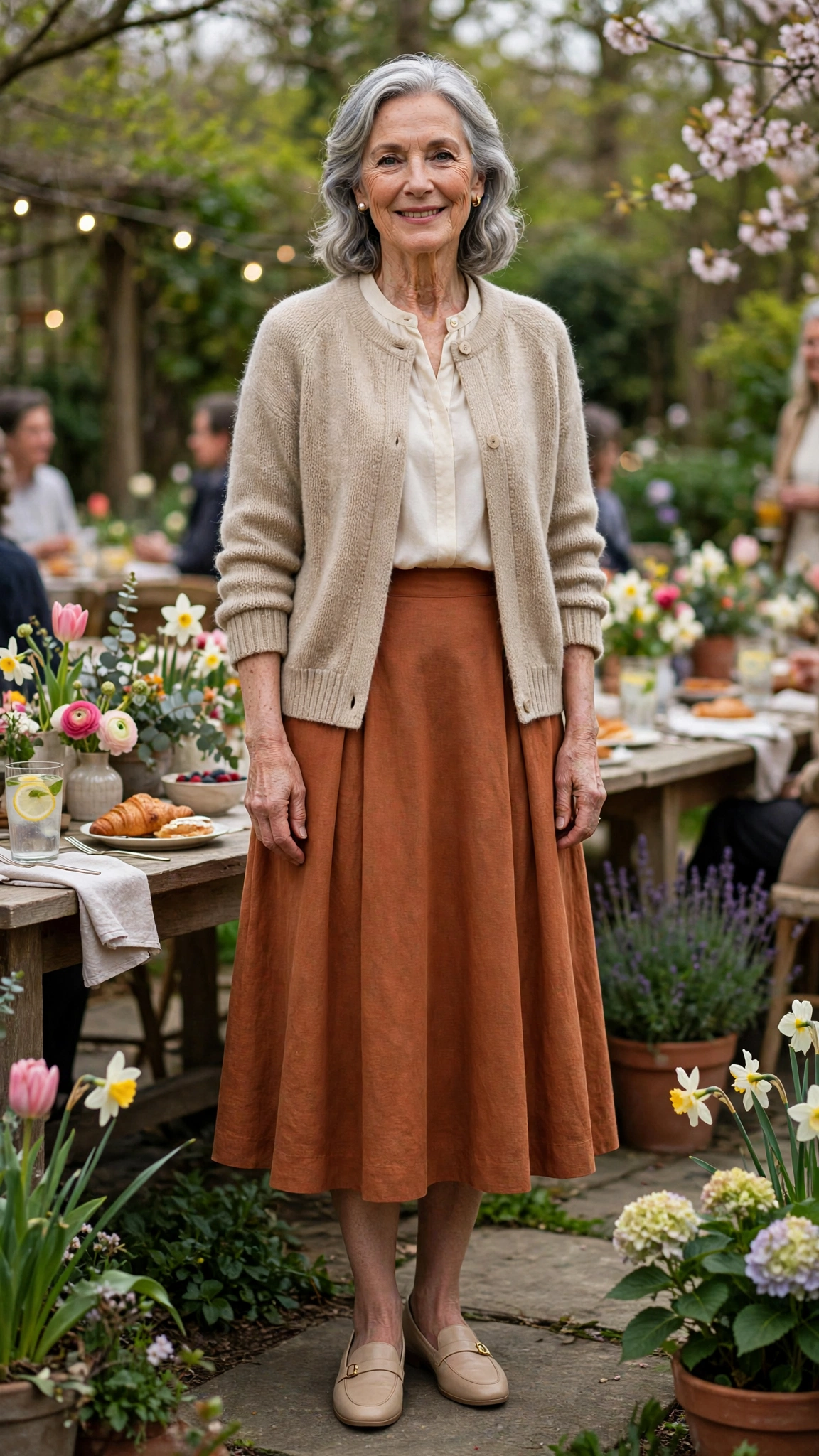 Terracotta A-line midi skirt with a beige cardigan