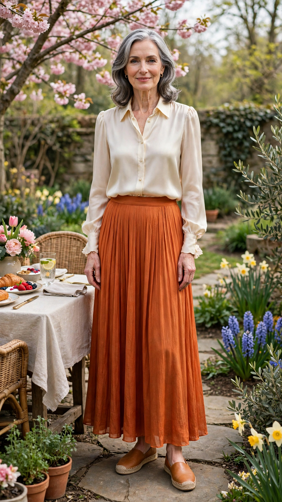 Copper orange flowing maxi skirt with a cream silk blouse