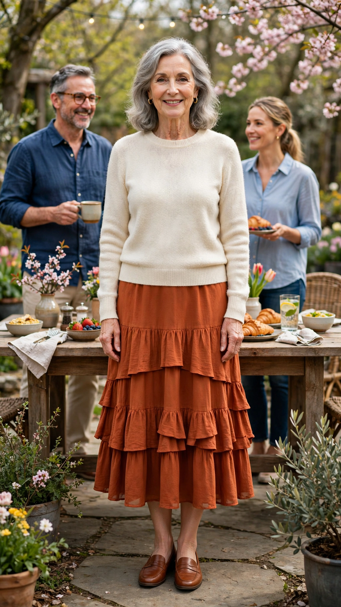 Rust orange tiered midi skirt with a cream knit top