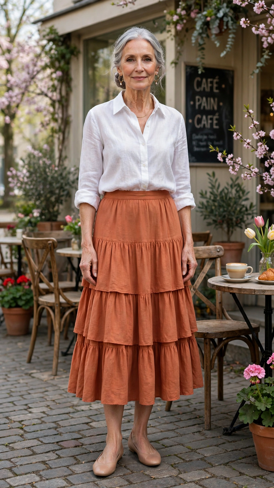 Terracotta tiered midi skirt with nude ballet flats