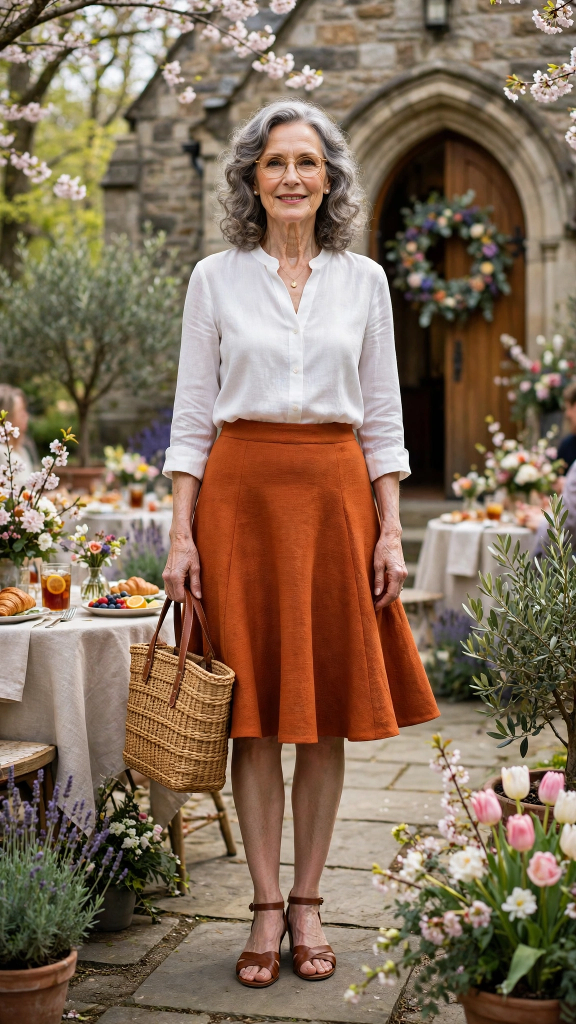 Burnt orange flared knee-length skirt with a woven tote