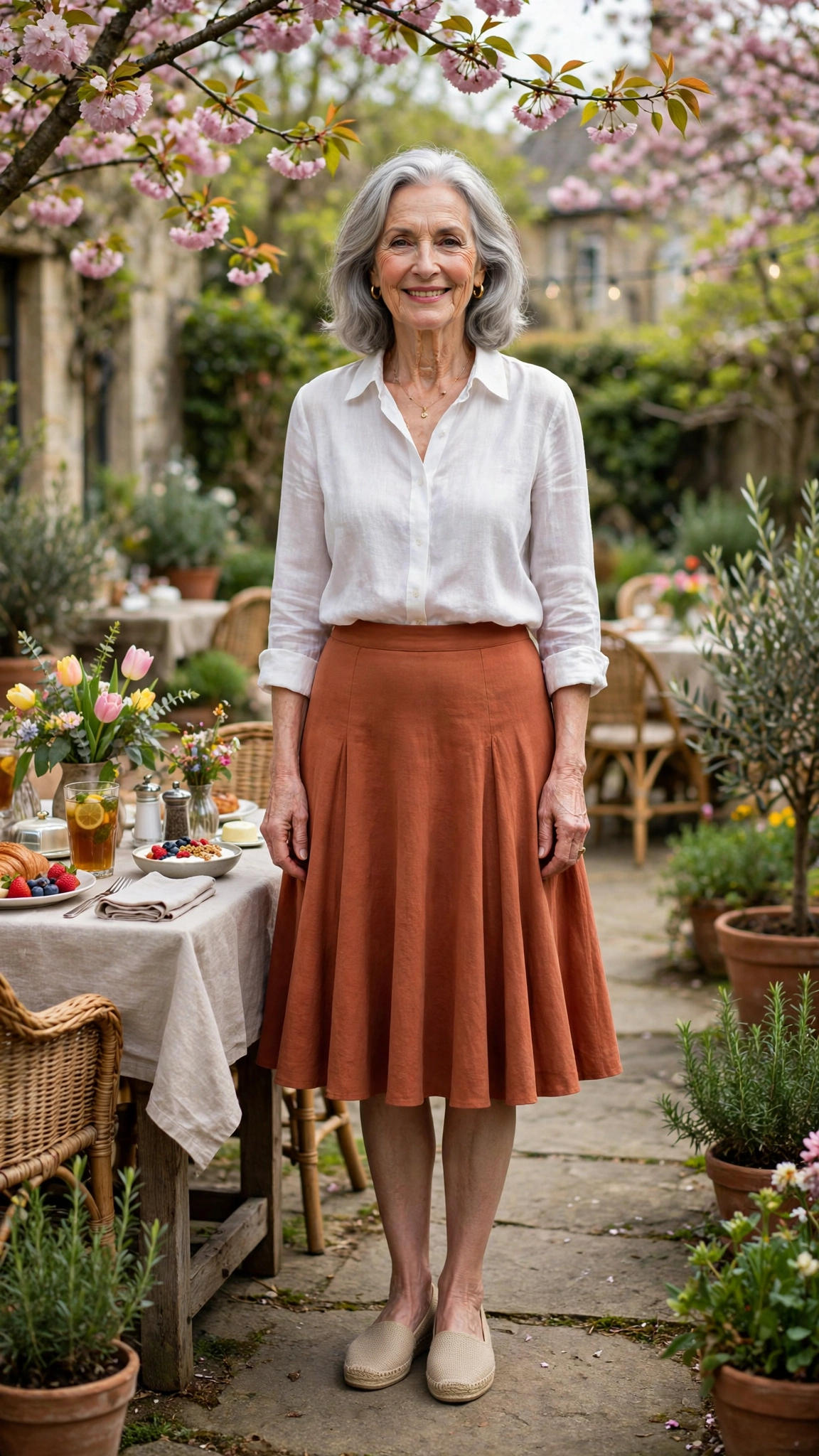 Terracotta flared knee-length skirt with a white blouse