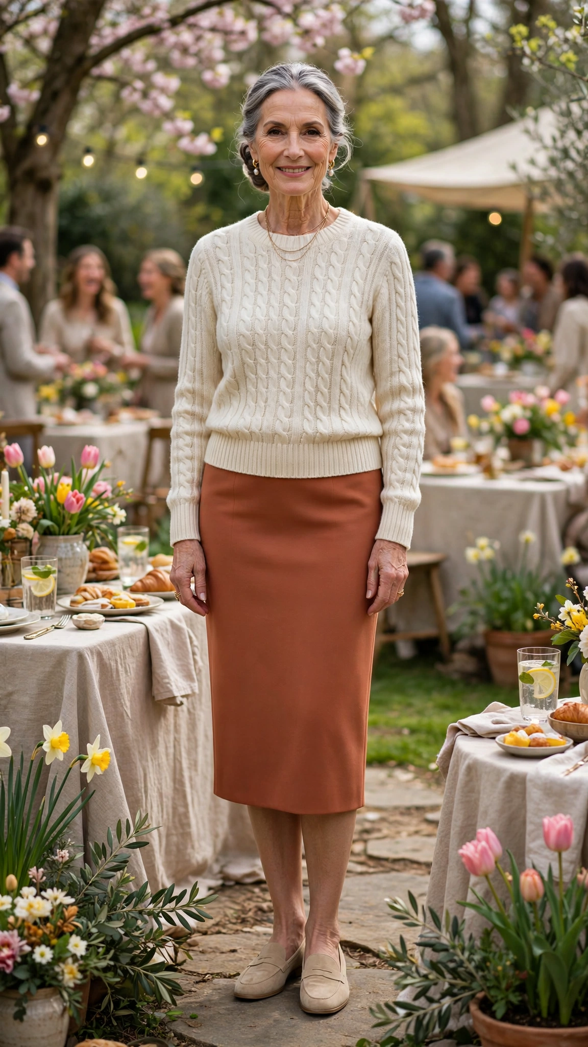 Terracotta pencil skirt with a cream knit top