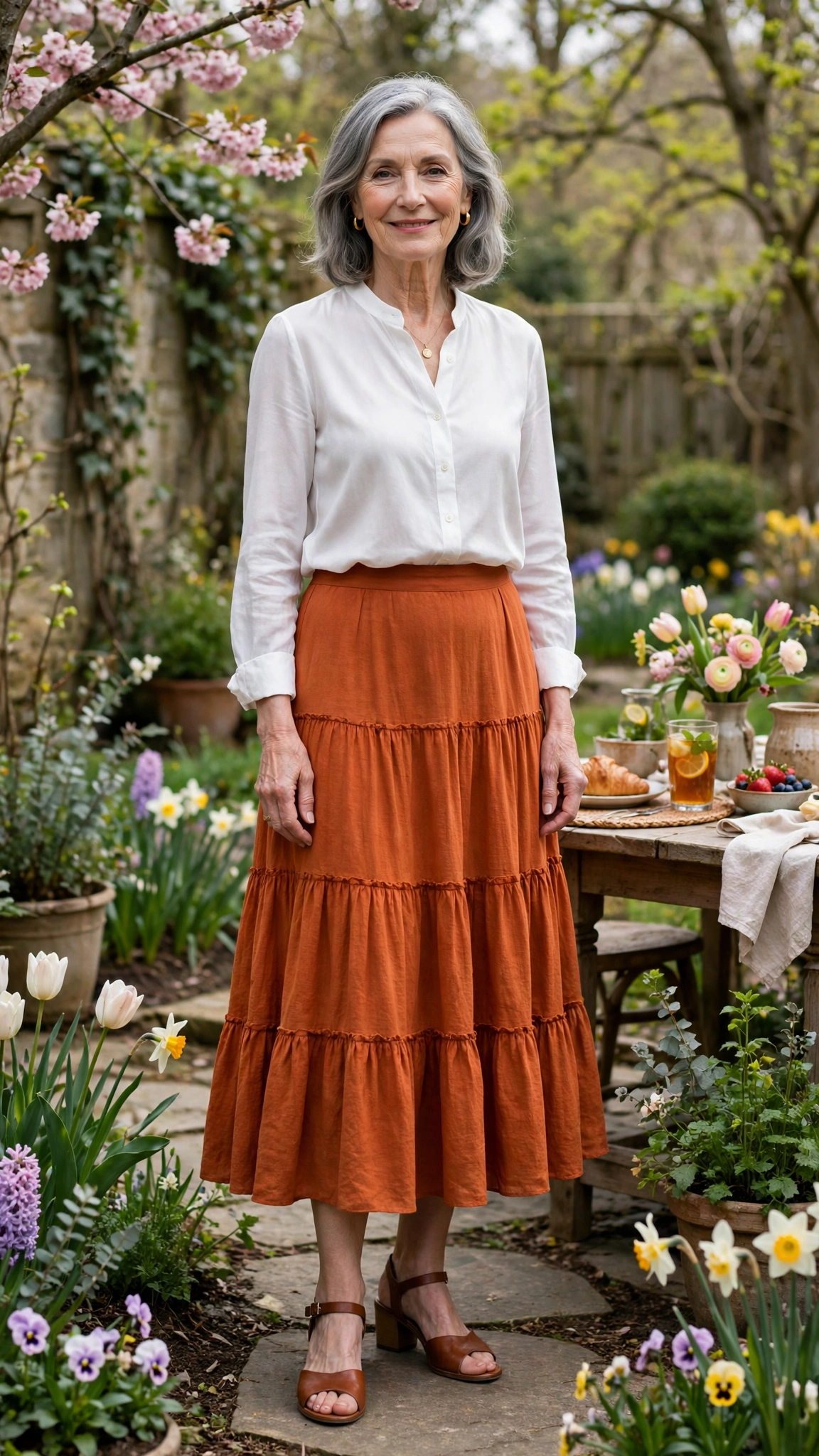 Spiced orange tiered midi skirt with a white blouse