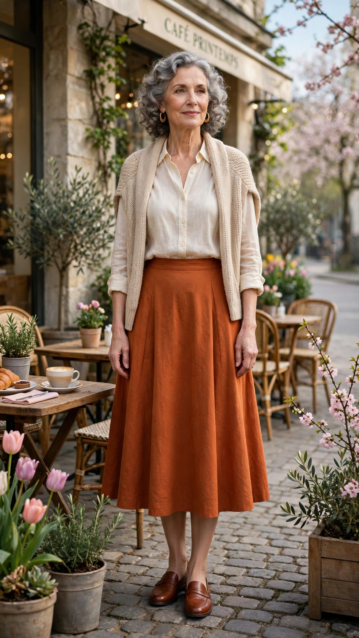 Rust orange A-line midi skirt with gold earrings